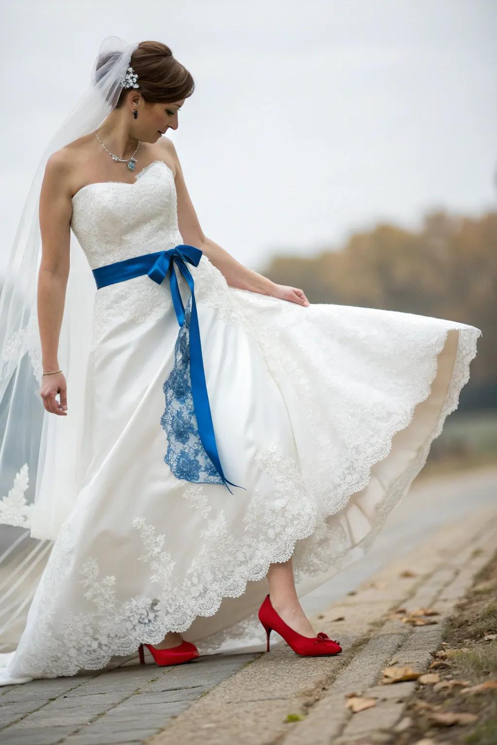 Elegant bridal attire with a patriotic twist.