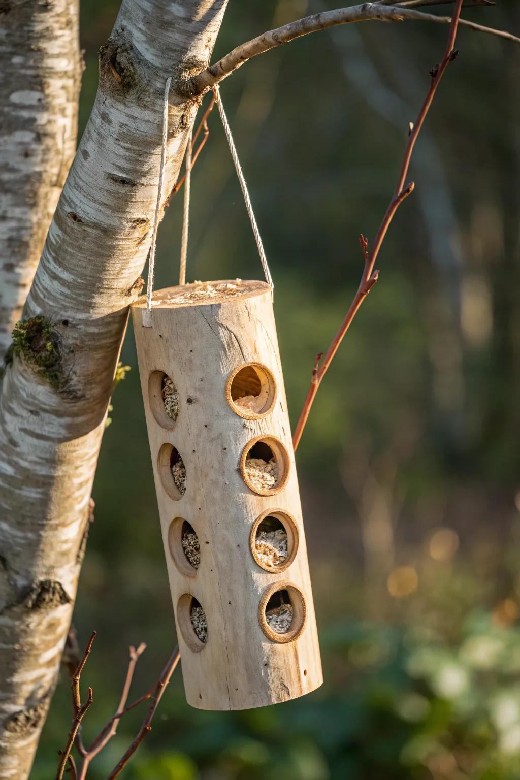 Embrace nature's simplicity with this handcrafted suet log feeder, a perfect blend of Scandinavian minimalism and boho beauty.