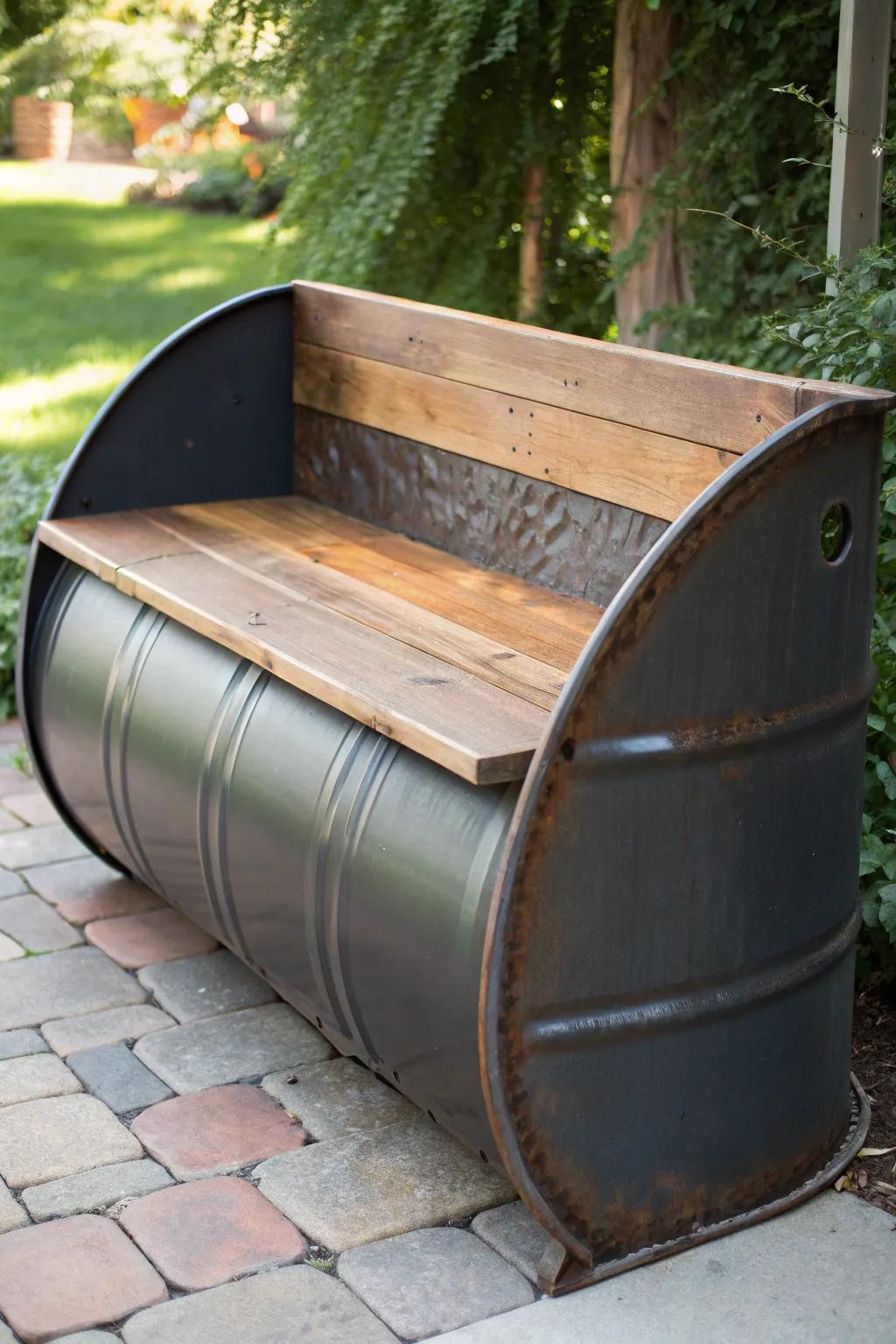 Turn industrial into inviting with this handcrafted burn barrel bench. Perfect for adding a touch of rustic charm to your garden.
