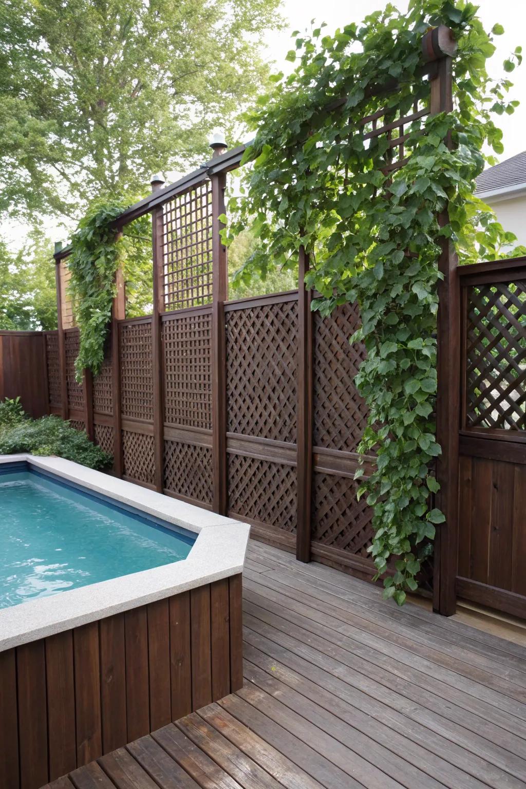 Elevate your poolside retreat with an elegant lattice privacy screen, where craftsmanship meets nature.
