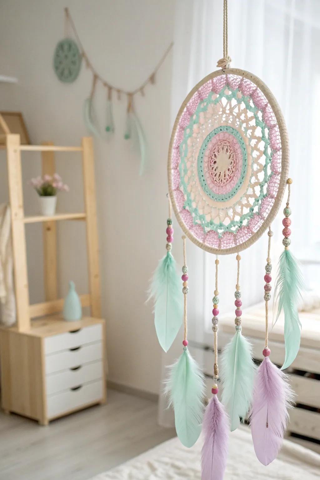 Transform your bedroom into a serene haven with this pastel perler bead dream catcher. A touch of handcrafted elegance for your personal sanctuary.