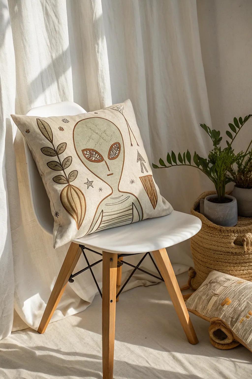 Add a touch of interstellar charm to your space with this alien-themed pillow cover, where simplicity meets cosmic creativity.