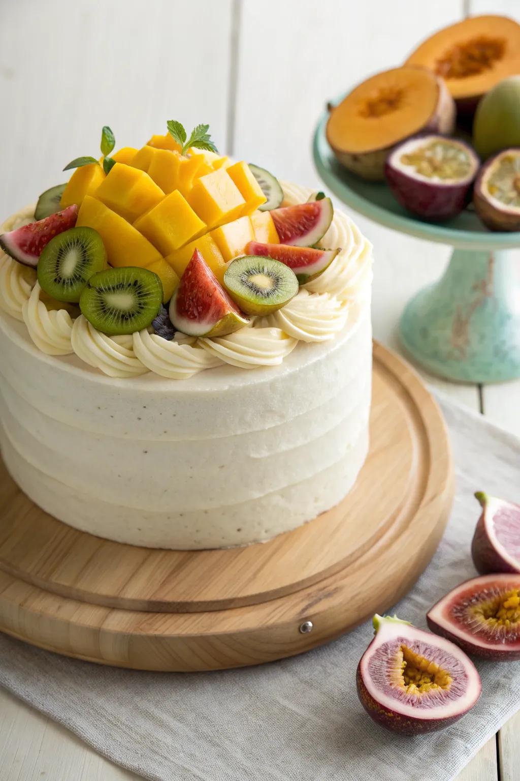Celebrate in style with a tropical fruit-topped birthday cake that combines minimalist elegance with a burst of color and flavor.