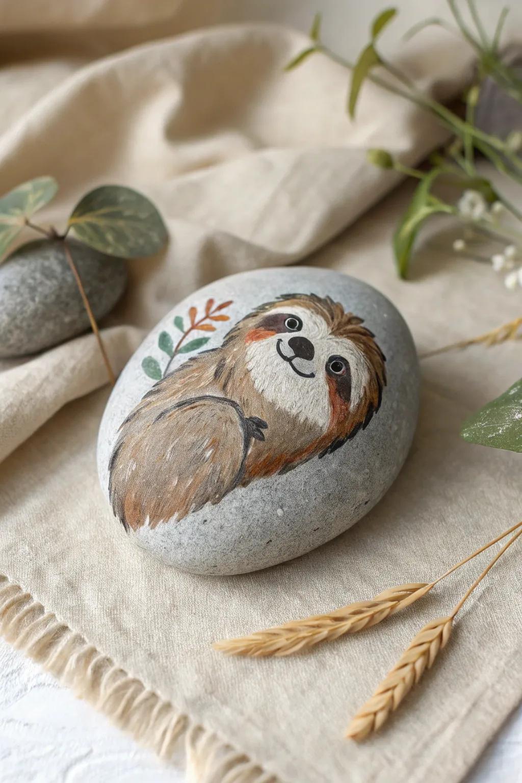 Capture the serene charm of sloths with this beautifully crafted rock painting.