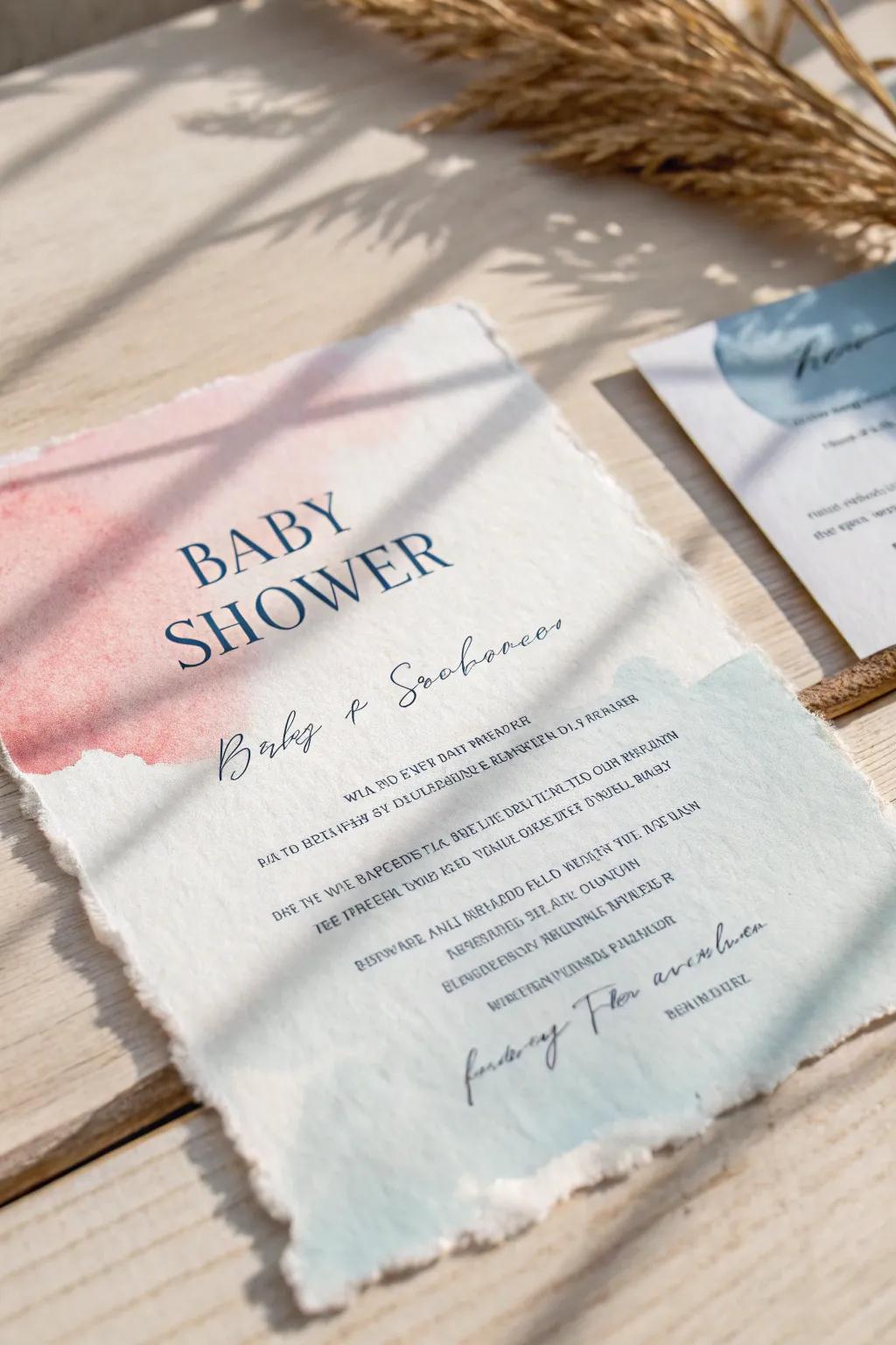 Embrace the magic of watercolor with this charming baby shower invitation, where simplicity meets artistic elegance.