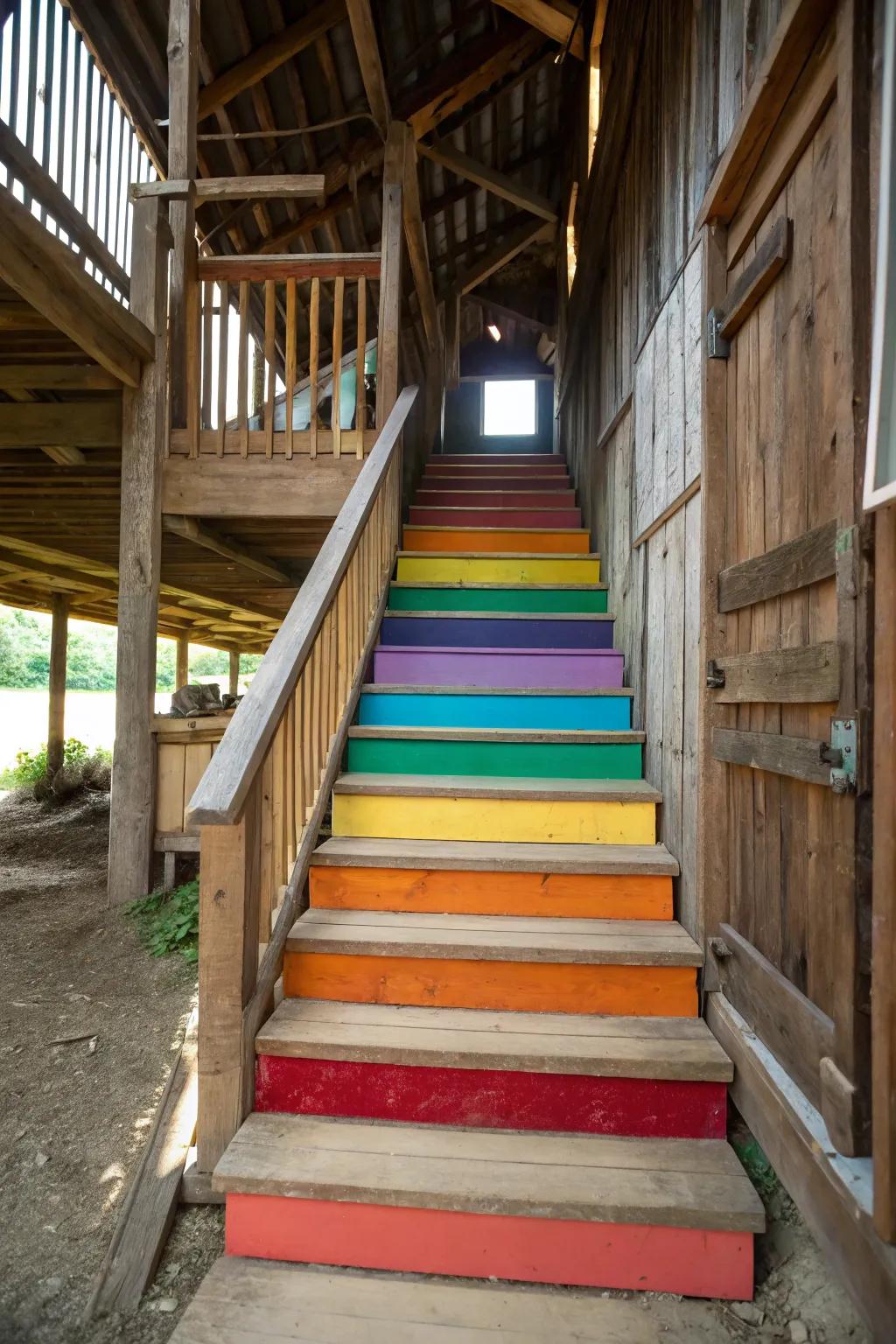Color-pop treads bring modern flair to barn stairs.