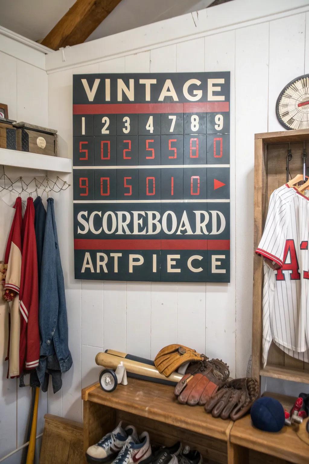 Scoreboard art adds a touch of nostalgia and history to the decor.