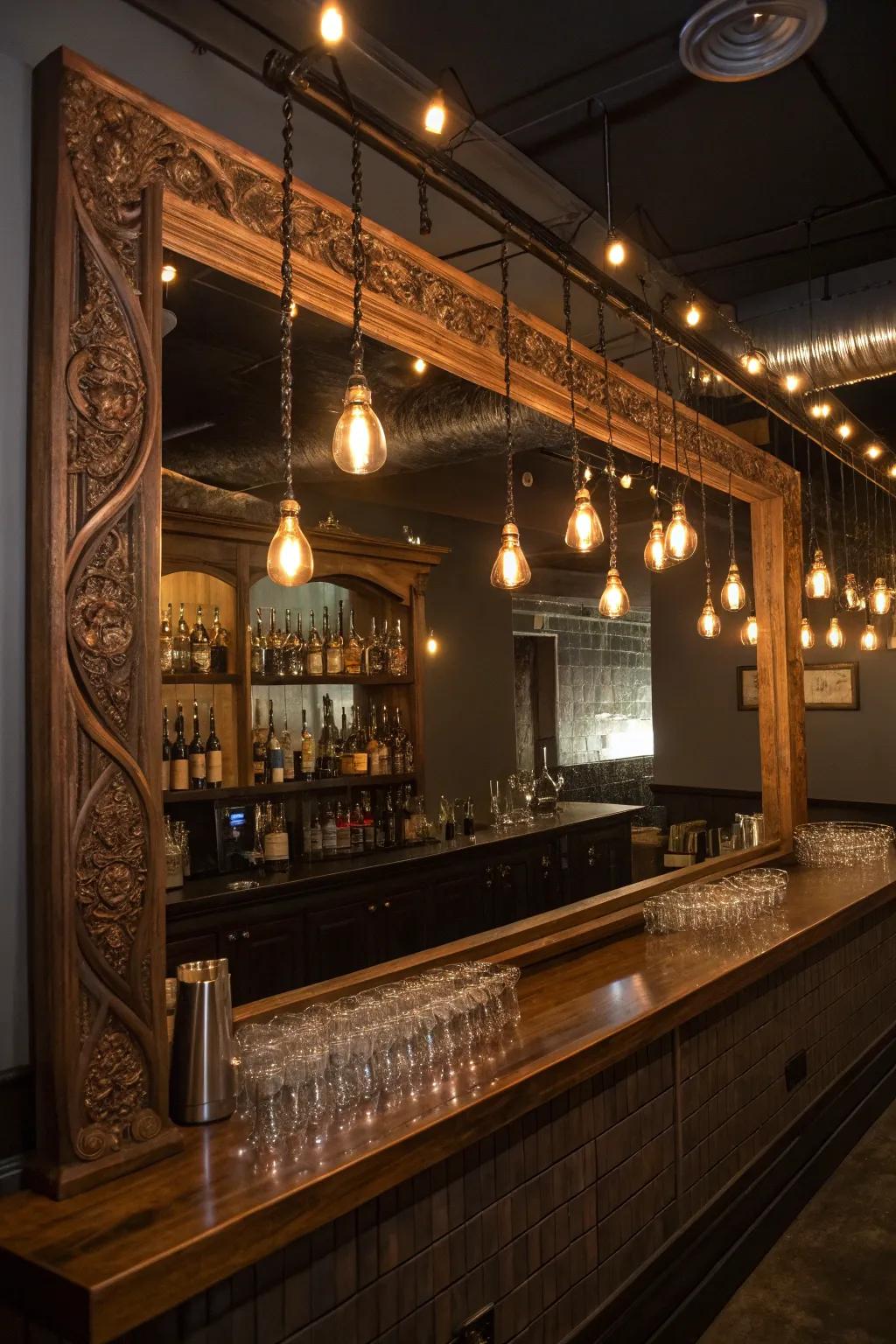 Transform your basement bar with a touch of elegance and depth using a beautifully crafted mirror.