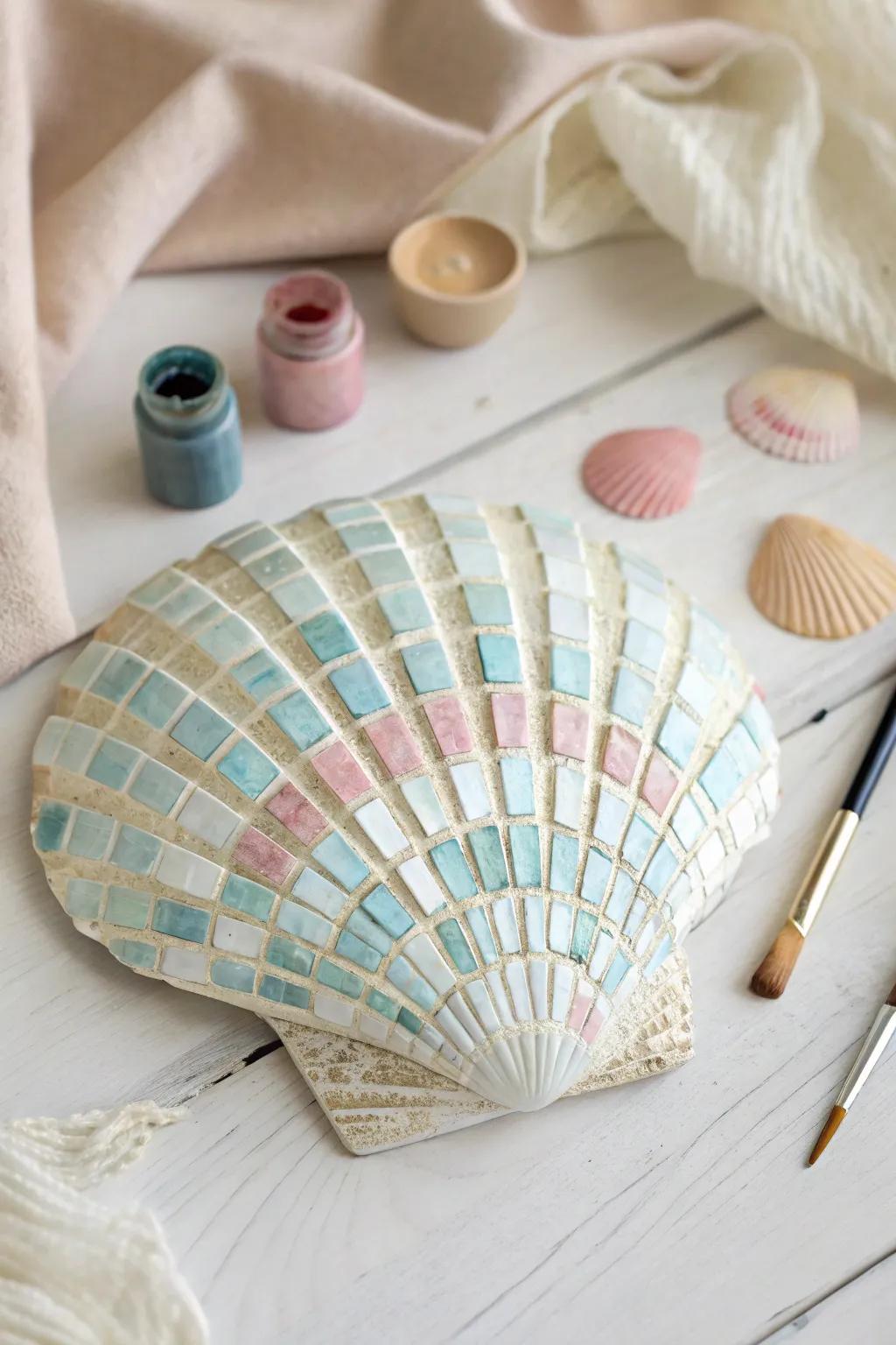 Transform seashells into art with delicate mosaic patterns, embracing simplicity and natural beauty.