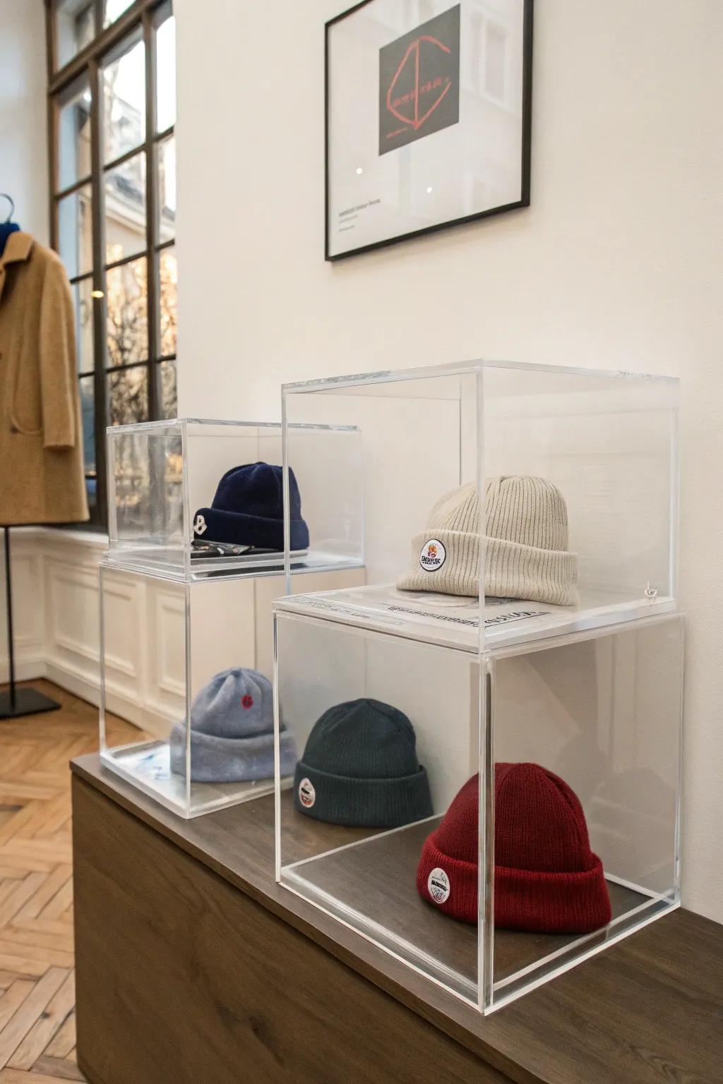 Clear boxes provide a pristine and protective beanie display.