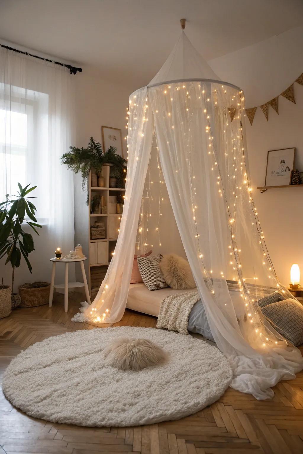 Step into a Fairy Light Fantasy: where minimalist elegance meets enchanting comfort.