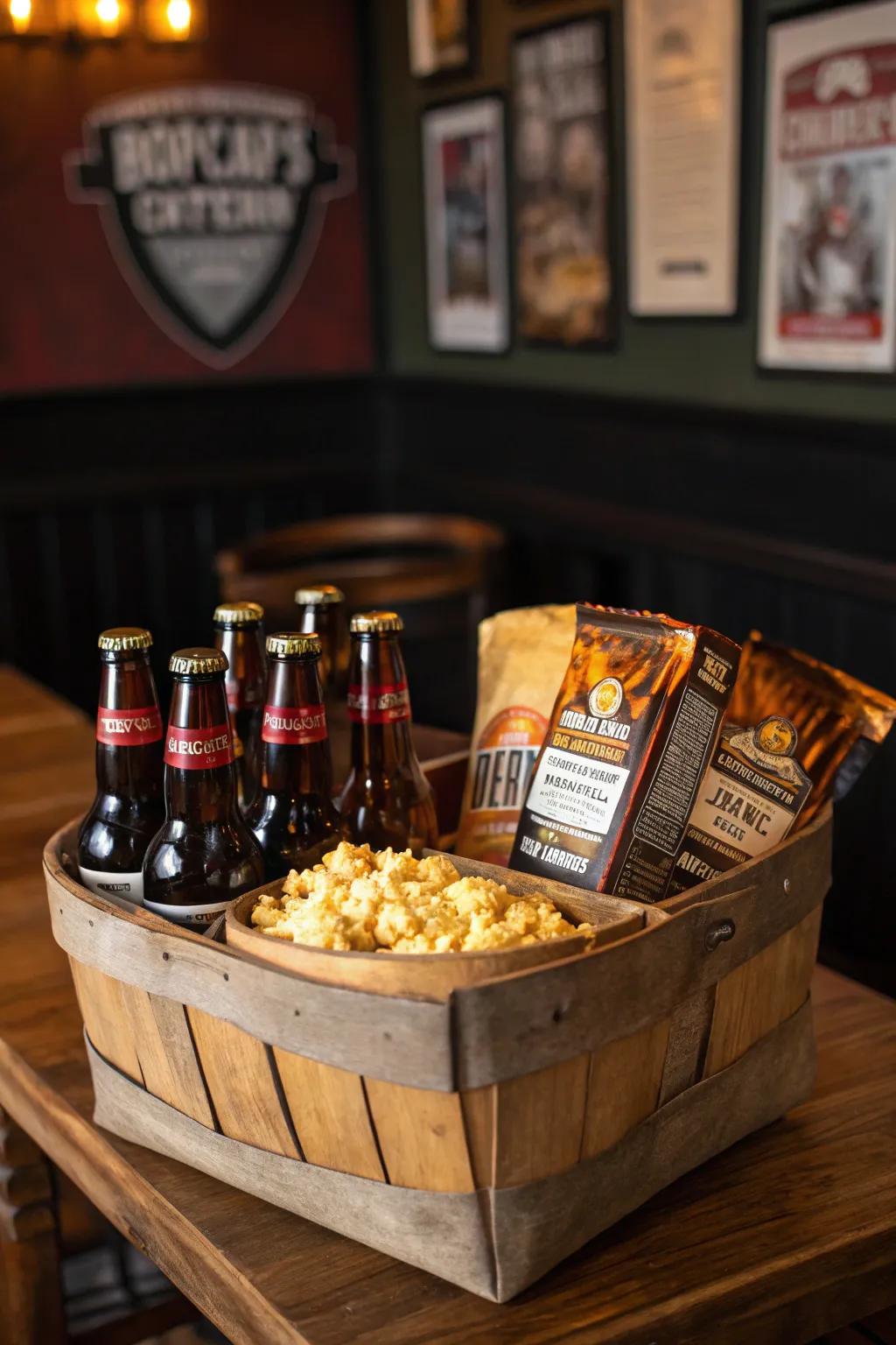 Craft the perfect movie night with a basket full of artisanal beers and gourmet popcorn, set against a backdrop of classic film nostalgia.