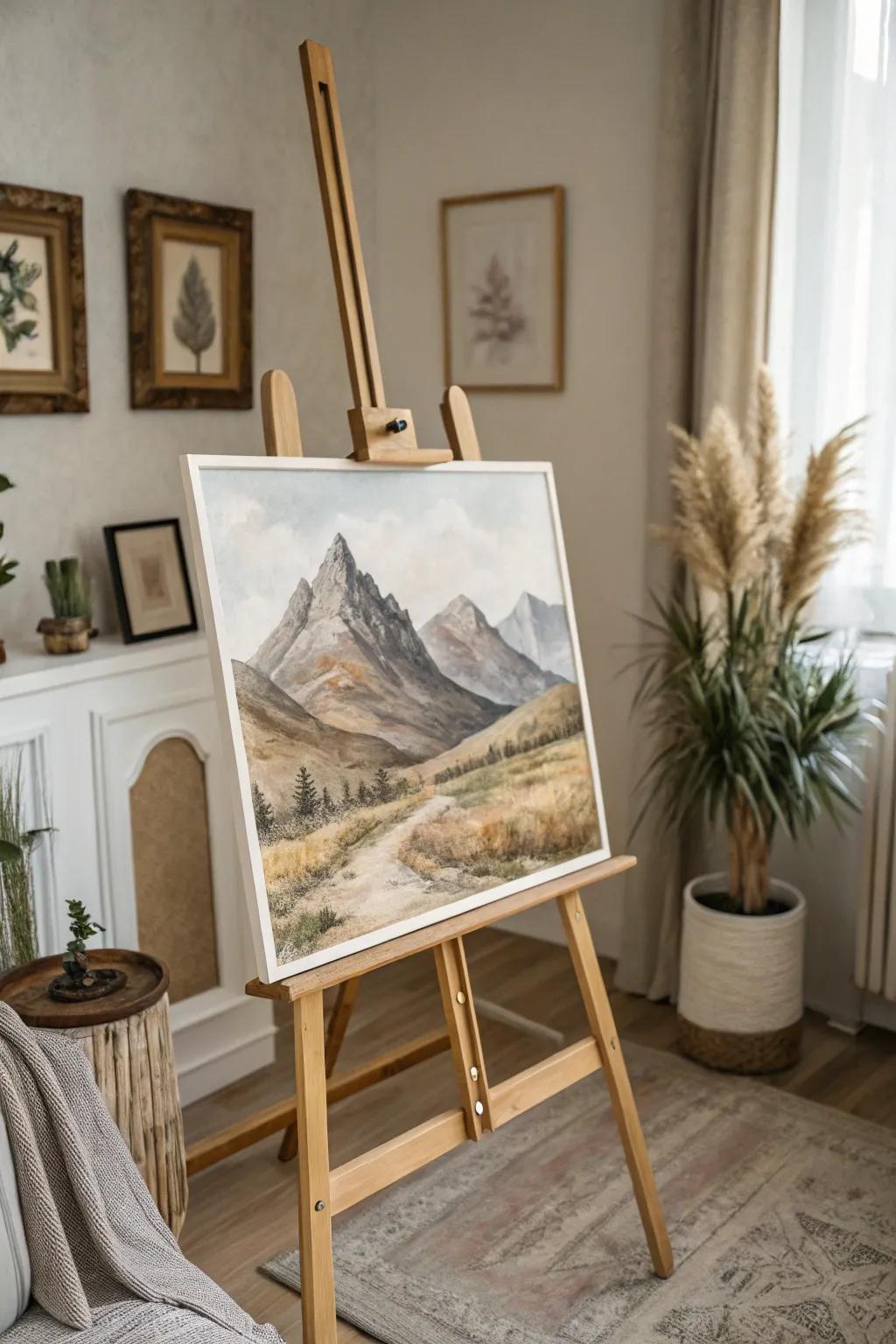 Embrace the serene beauty of nature with this minimalist rustic mountain painting, perfect for adding a touch of tranquility to any space.