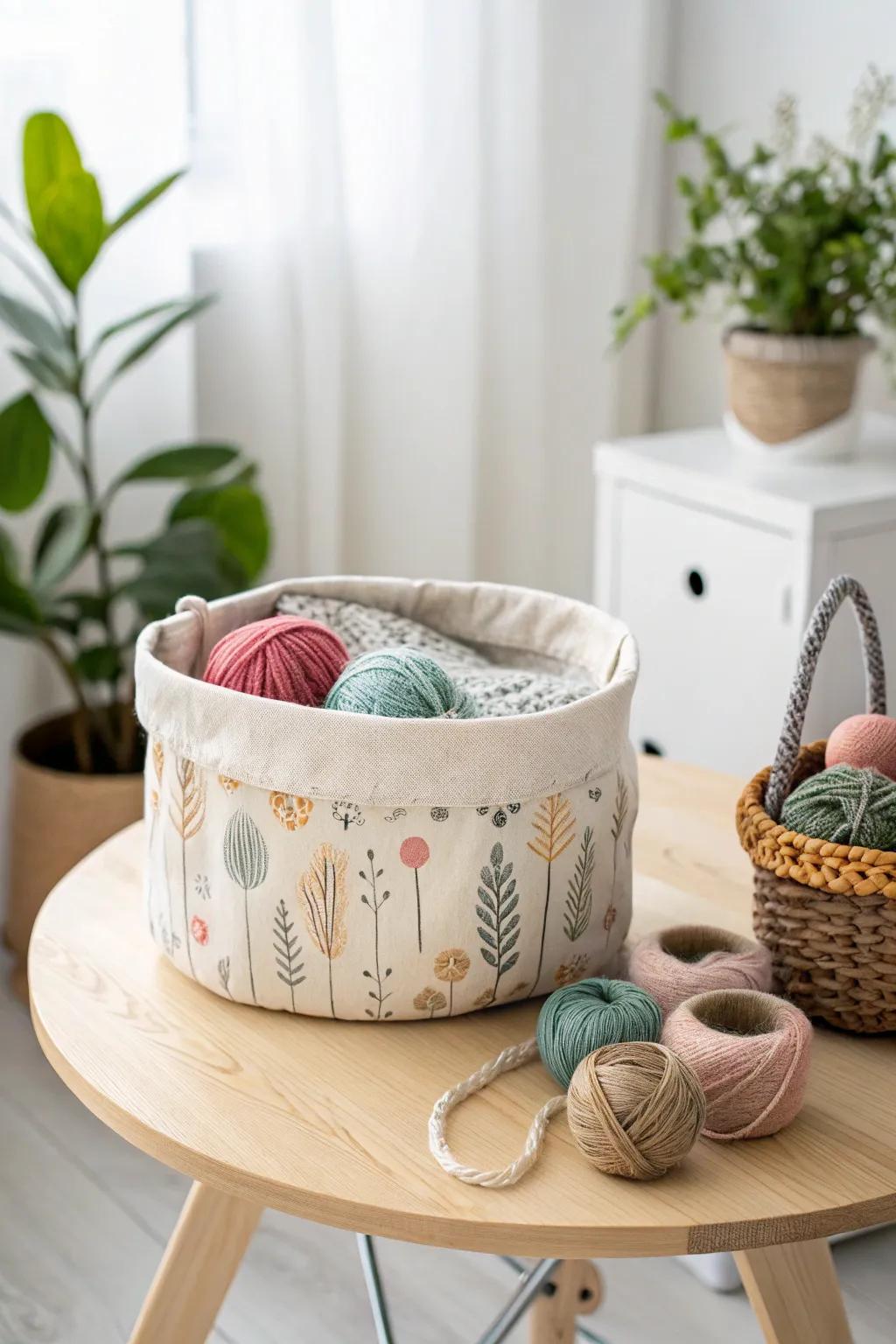Elevate your space with a charming fabric basket—perfect for stylishly storing your crafting essentials!