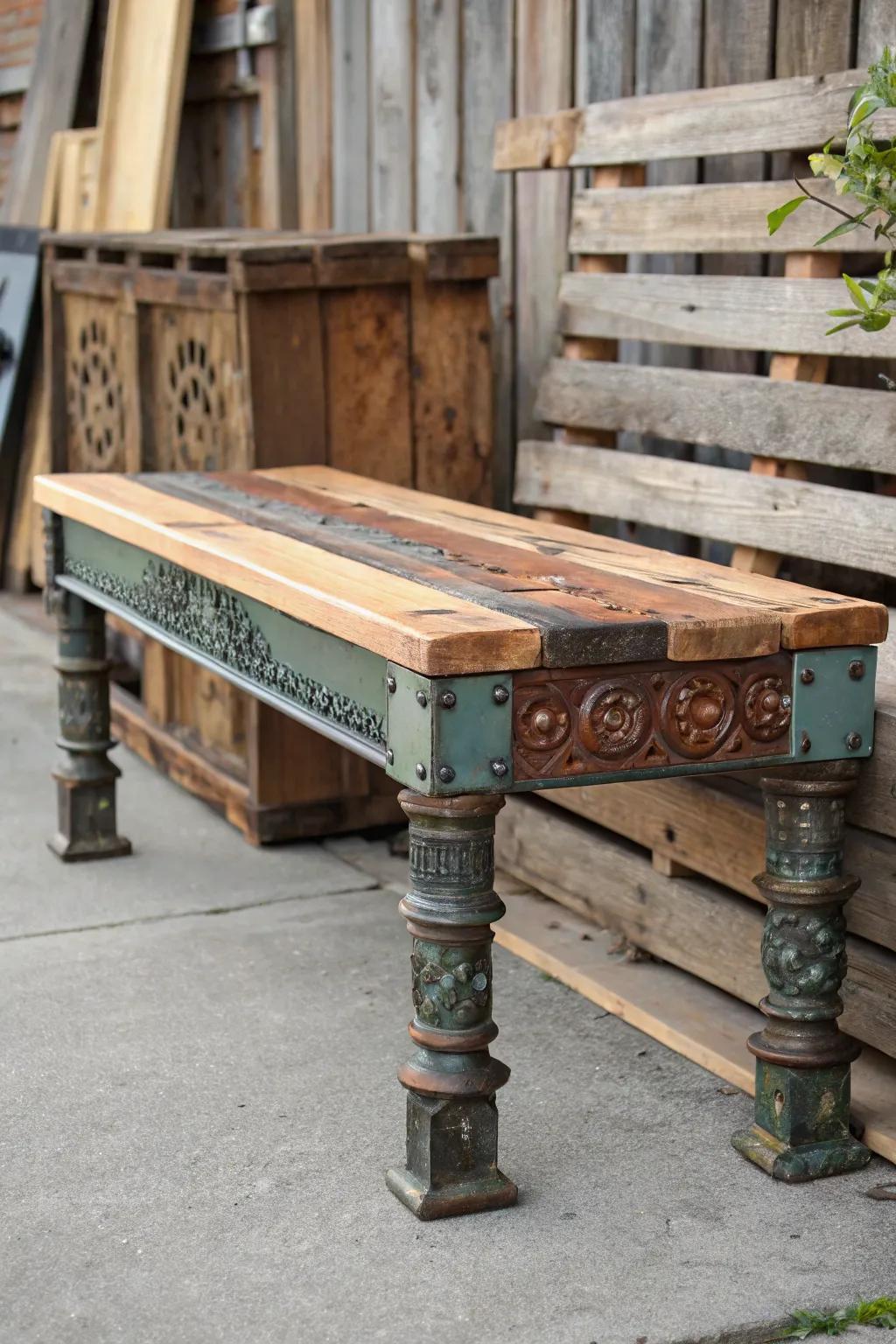 Transform your space with upcycled charm: unique bench legs crafted from reclaimed materials.