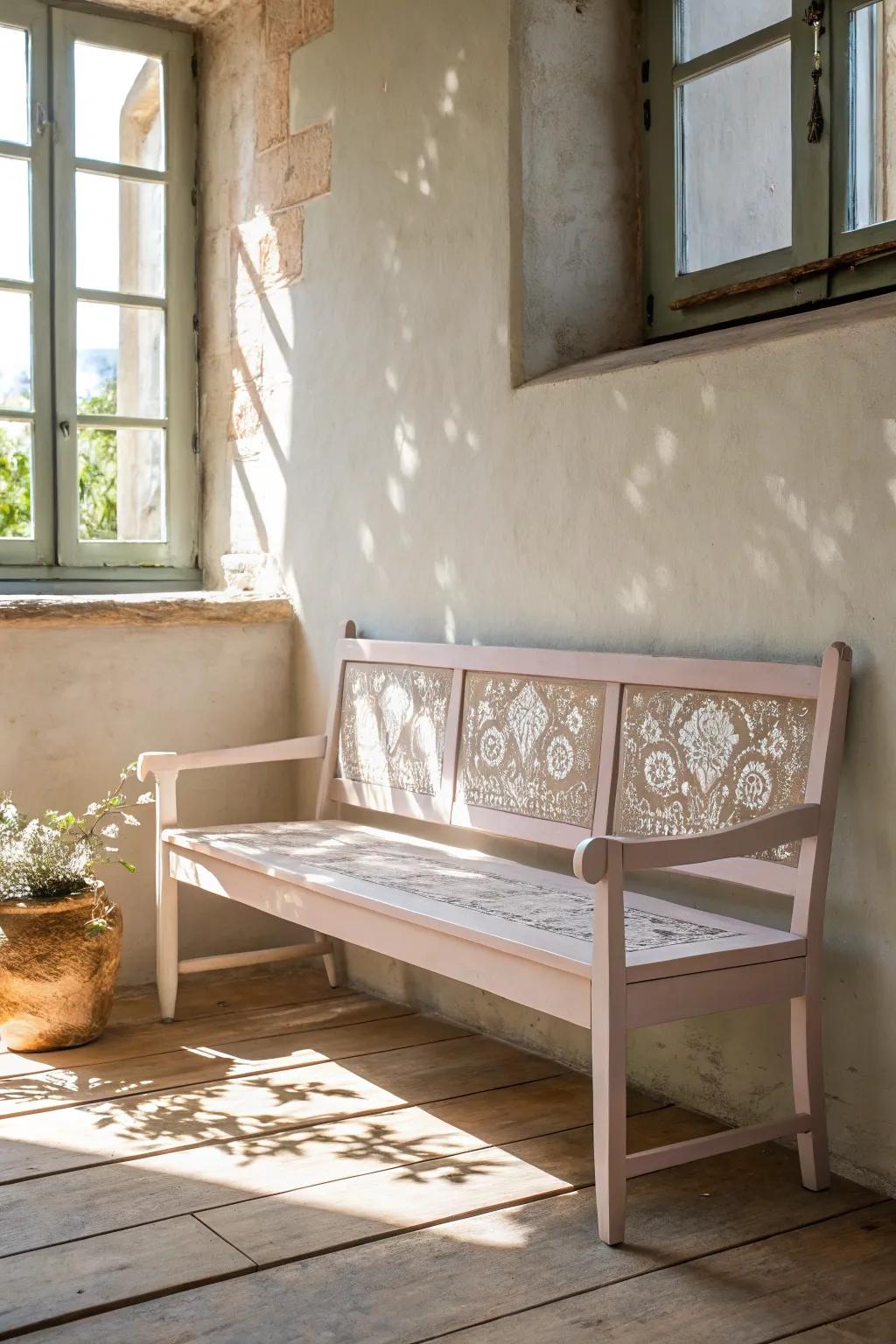 Transform your bench into a masterpiece with elegant stenciled designs, where minimalism meets sophistication.