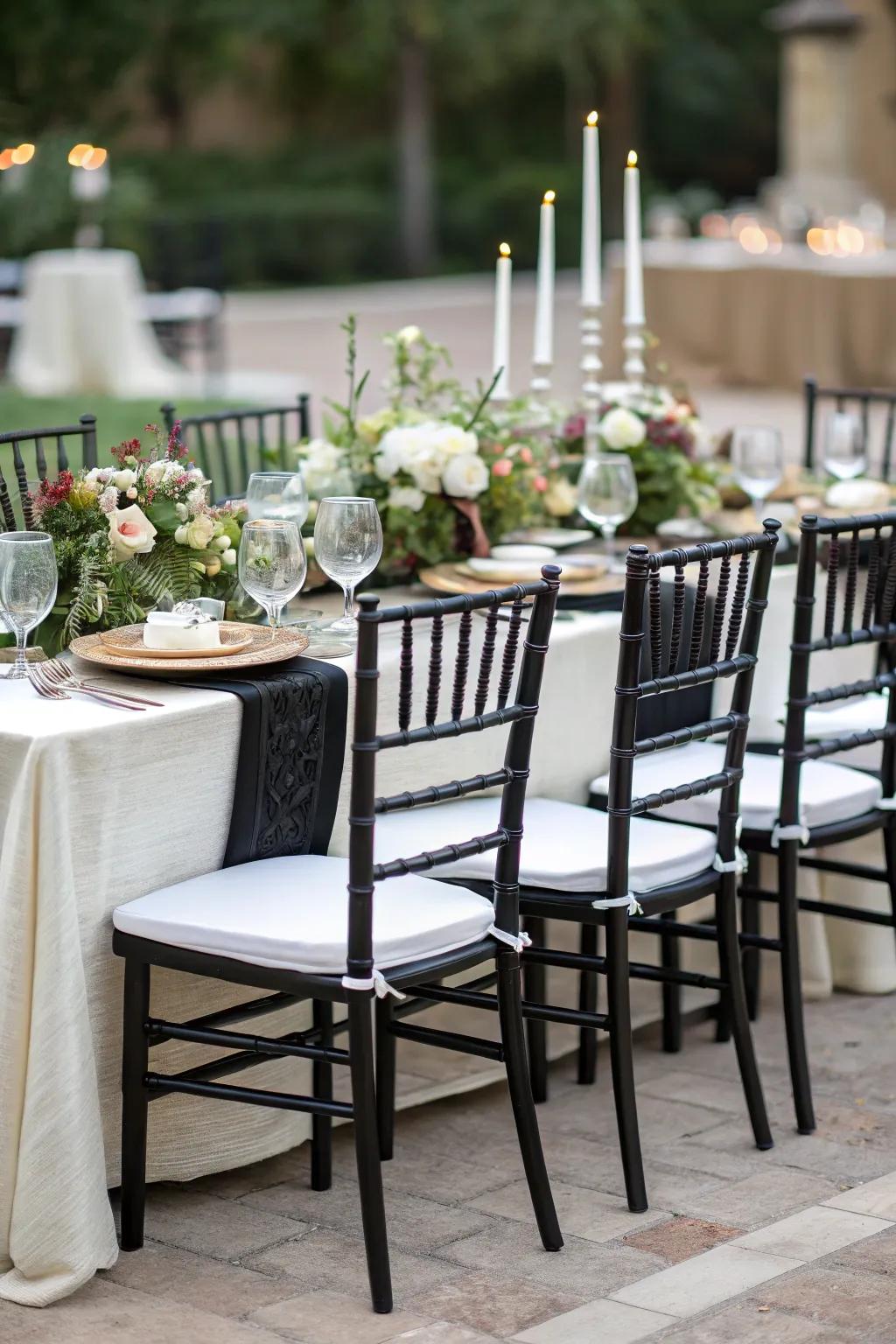 Black chairs with white cushions complement the table decor.