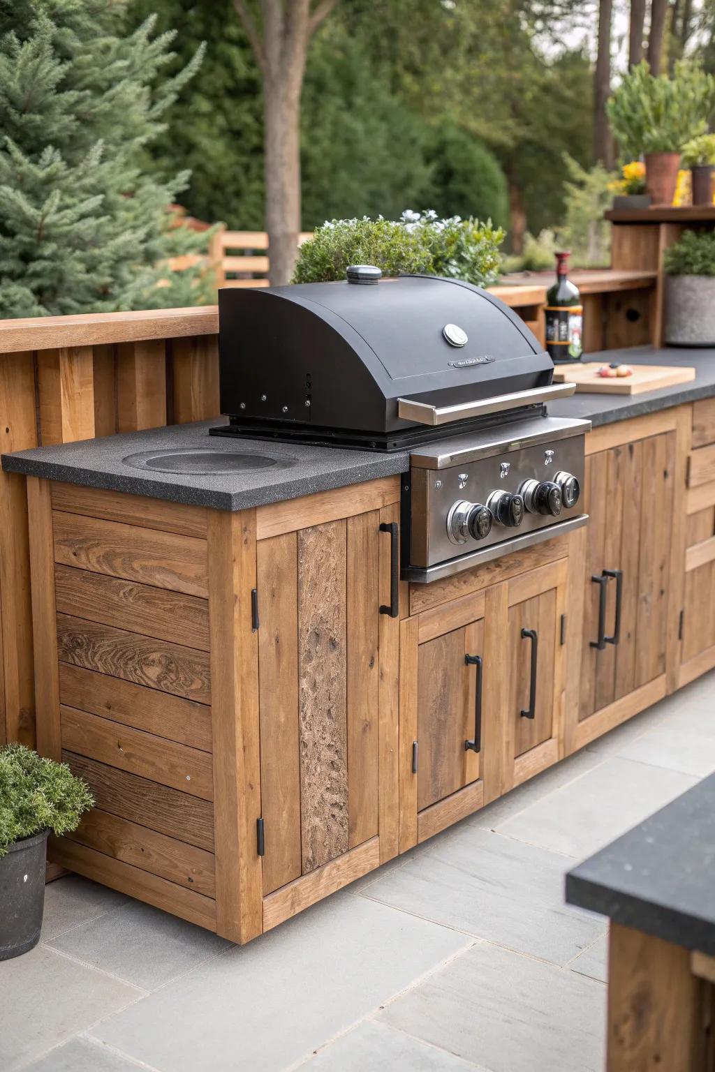 Elevate your outdoor cooking with sustainable style: reclaimed wood cabinetry meets sleek blackstone elegance.