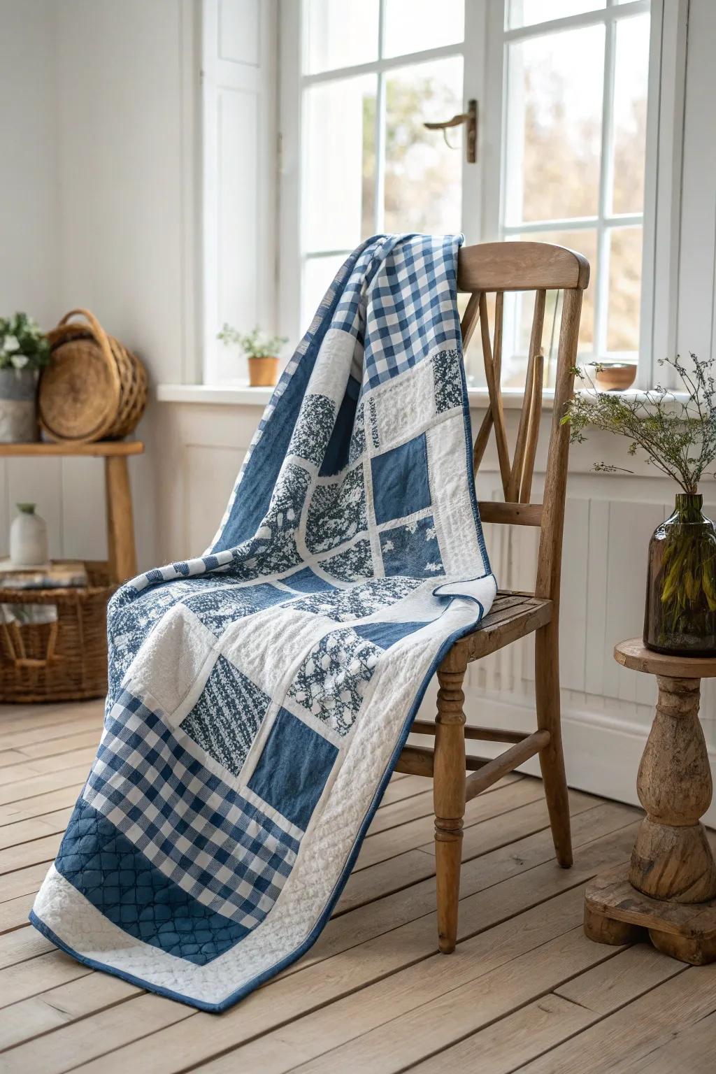 Embrace rustic farmhouse charm with this cozy blue and white quilt, perfect for adding warmth to any space.