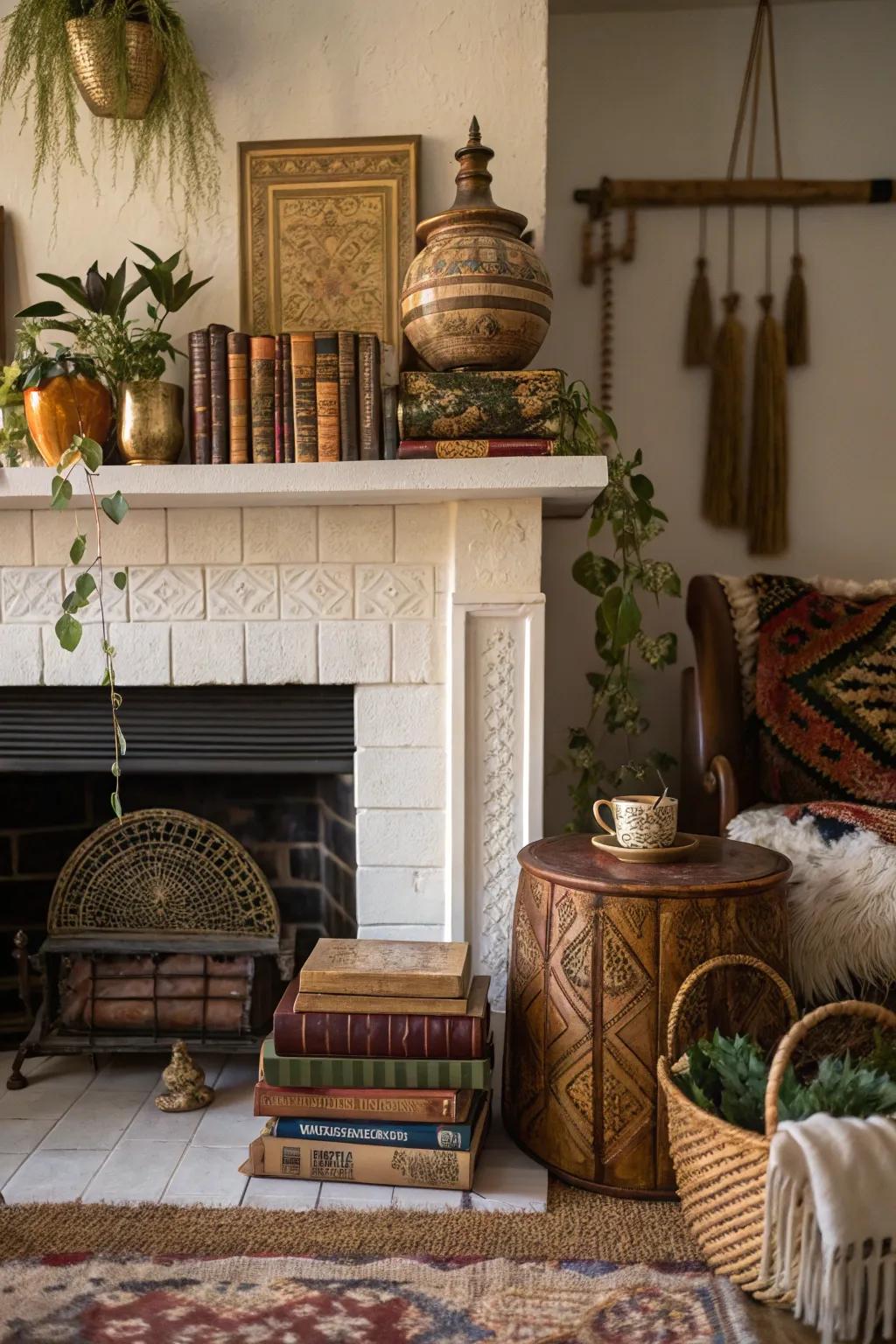 A fireplace styled with vintage finds, creating an eclectic bohemian look.