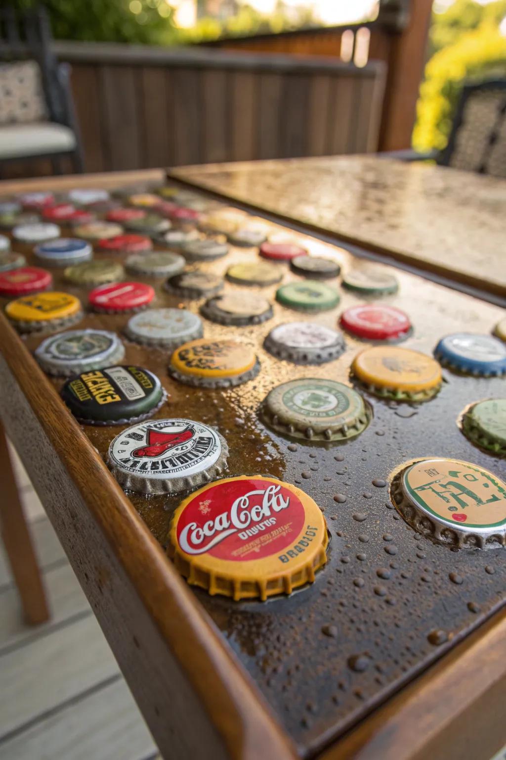 Craft your history: Vintage bottle caps bring retro charm to this exquisite epoxy table.