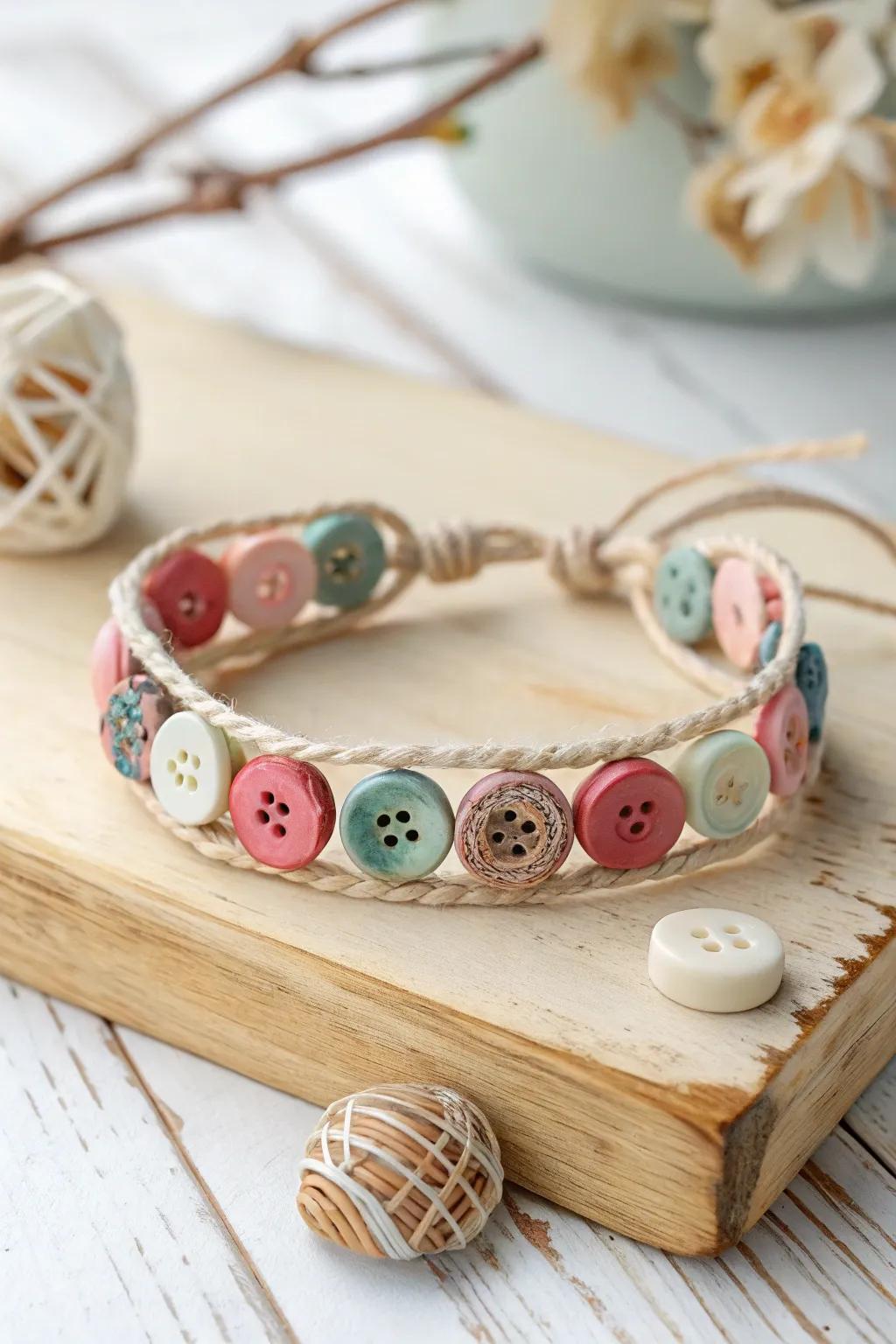 Craft your own playful button bracelet – where simplicity meets creativity.