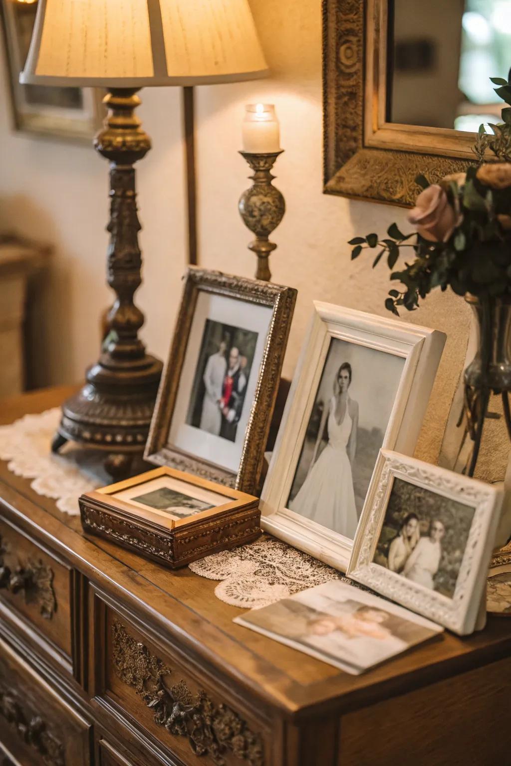 Nostalgic display with vintage photo frames.