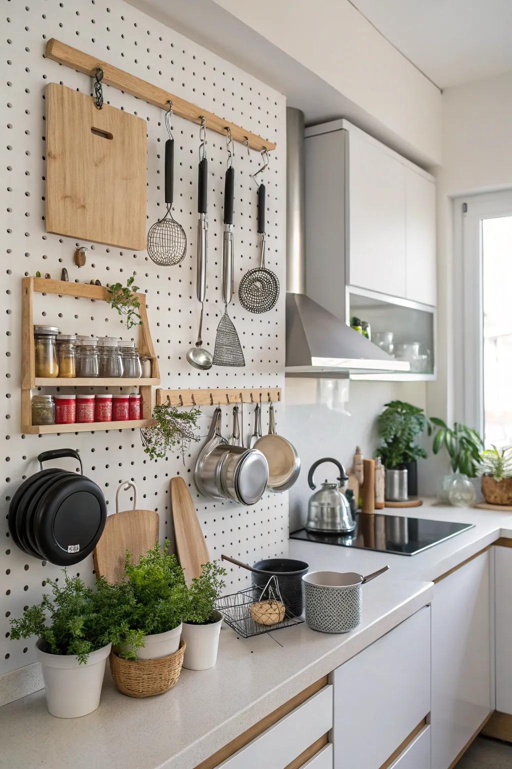 A pegboard offers both storage and style.