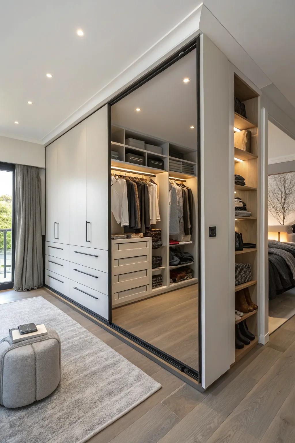 A wardrobe that serves as a stylish room divider in an open-plan layout.