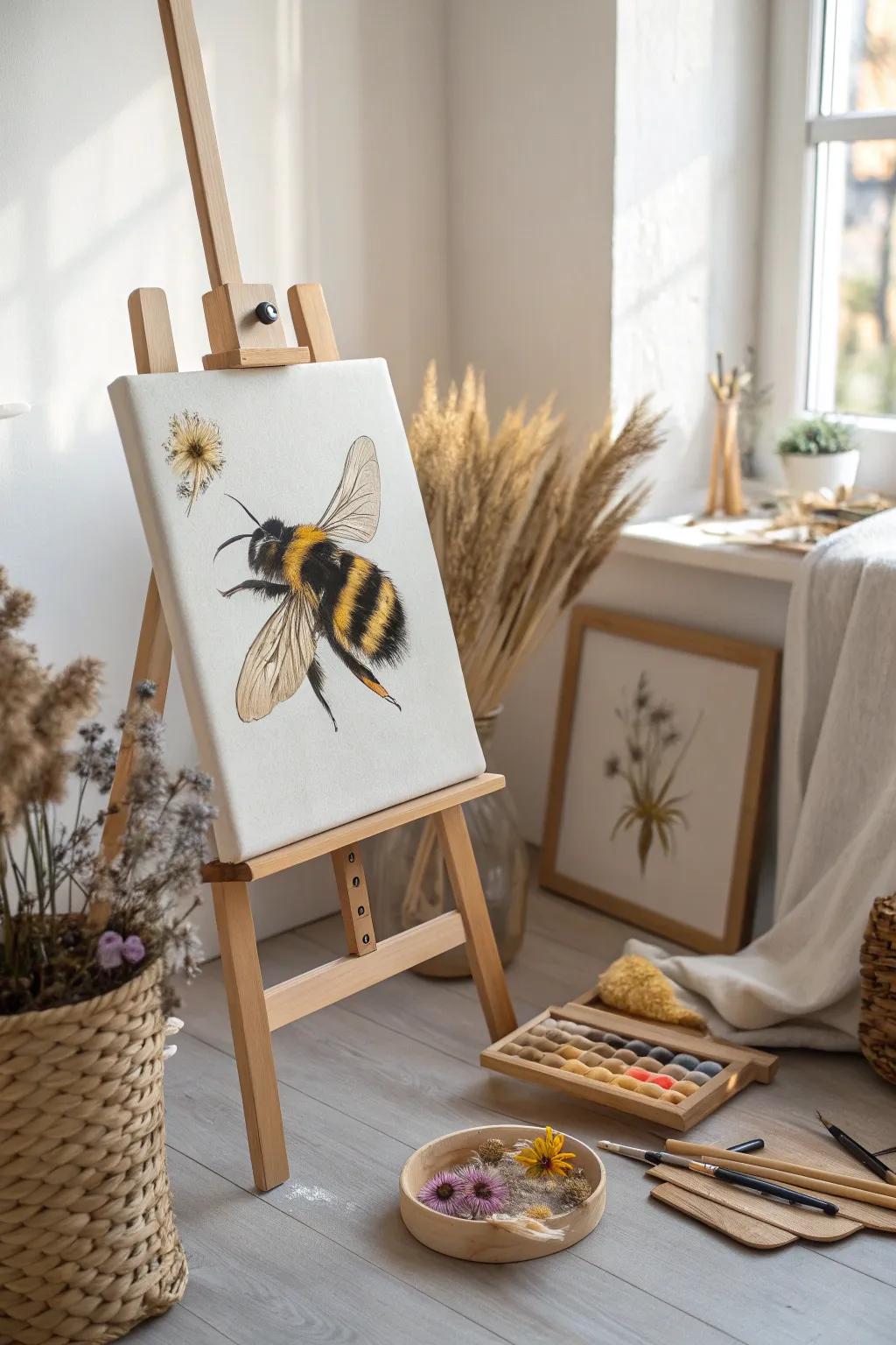 Capture the rhythm of nature's flight with minimalist bumblebee art.