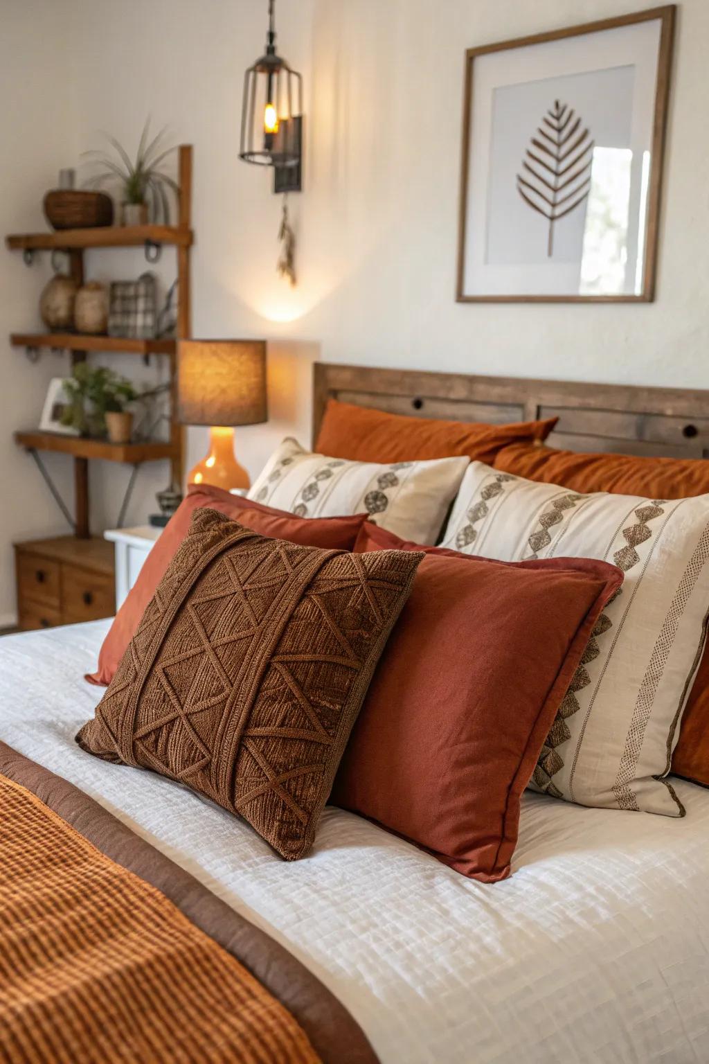 Accent pillows in burnt orange and brown add texture and color.