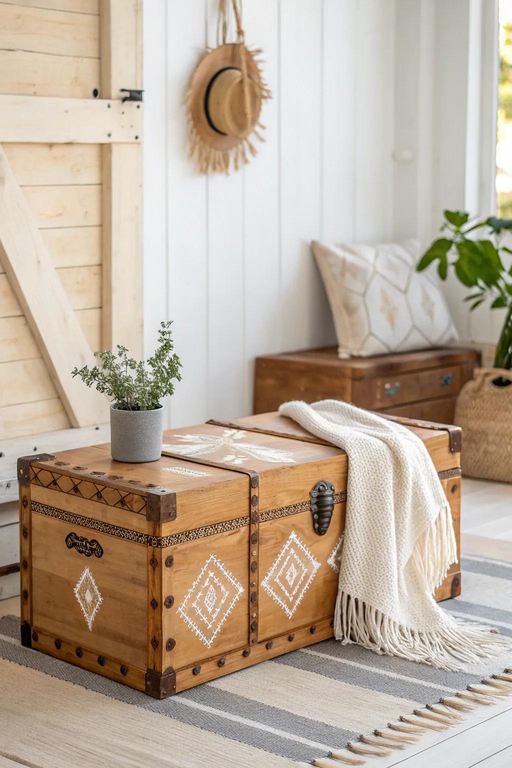 Elevate your camp trunk with a touch of artistry and a protective varnish finish for that perfect blend of style and durability.