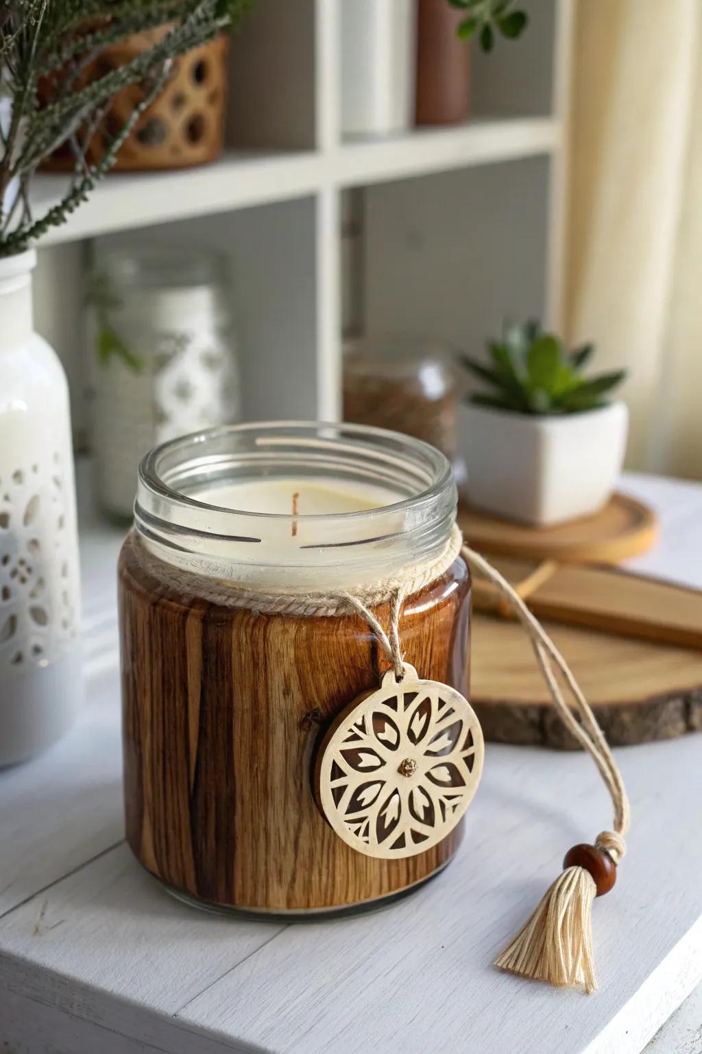 Transform your candle jars into rustic wooden treasures with this easy DIY idea!