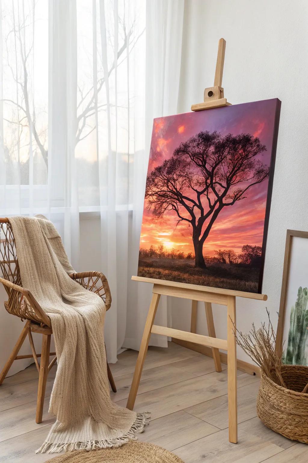 Capture the beauty of simplicity with this stunning silhouette art against a vibrant sunset backdrop.
