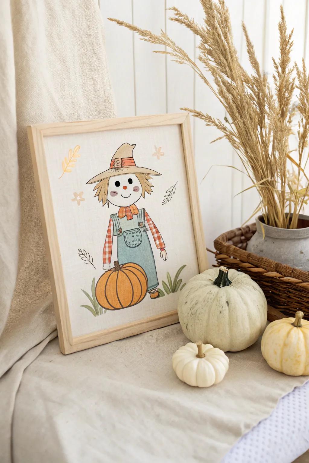 Embrace the whimsy of Halloween with a friendly scarecrow in minimalist style.