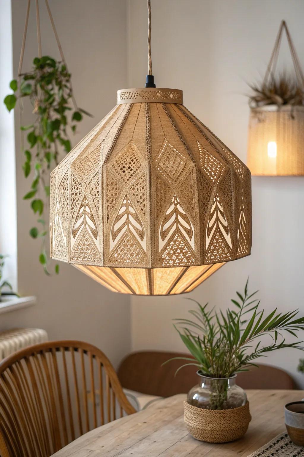 Illuminate your space with the warm, inviting glow of a handcrafted cardboard lampshade, where minimalist design meets natural beauty.