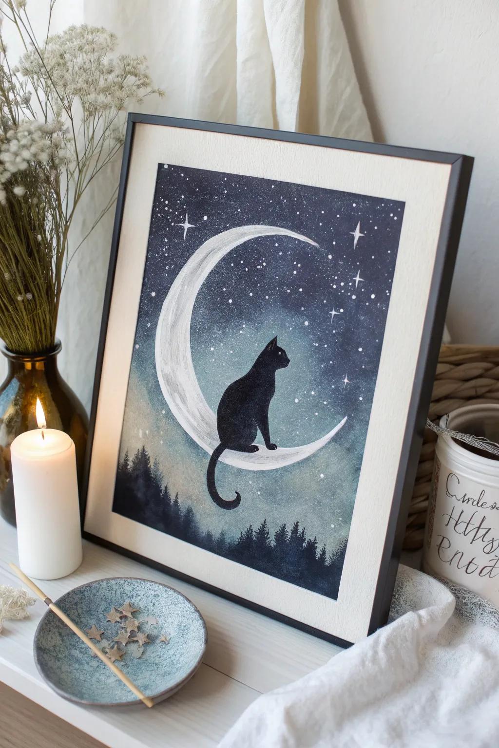 Embrace the mystique of midnight with a cat on a crescent moon—where simplicity meets enchantment.