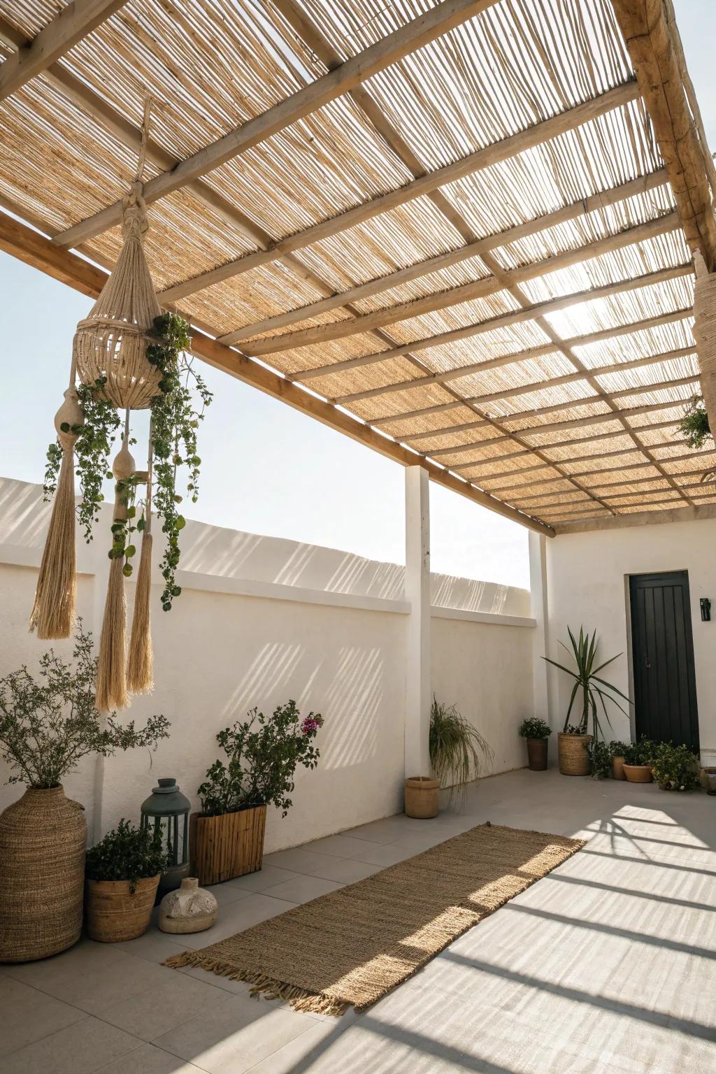 Embrace natural elegance with a bamboo shade roof for your catio, blending minimalist style with a boho touch.