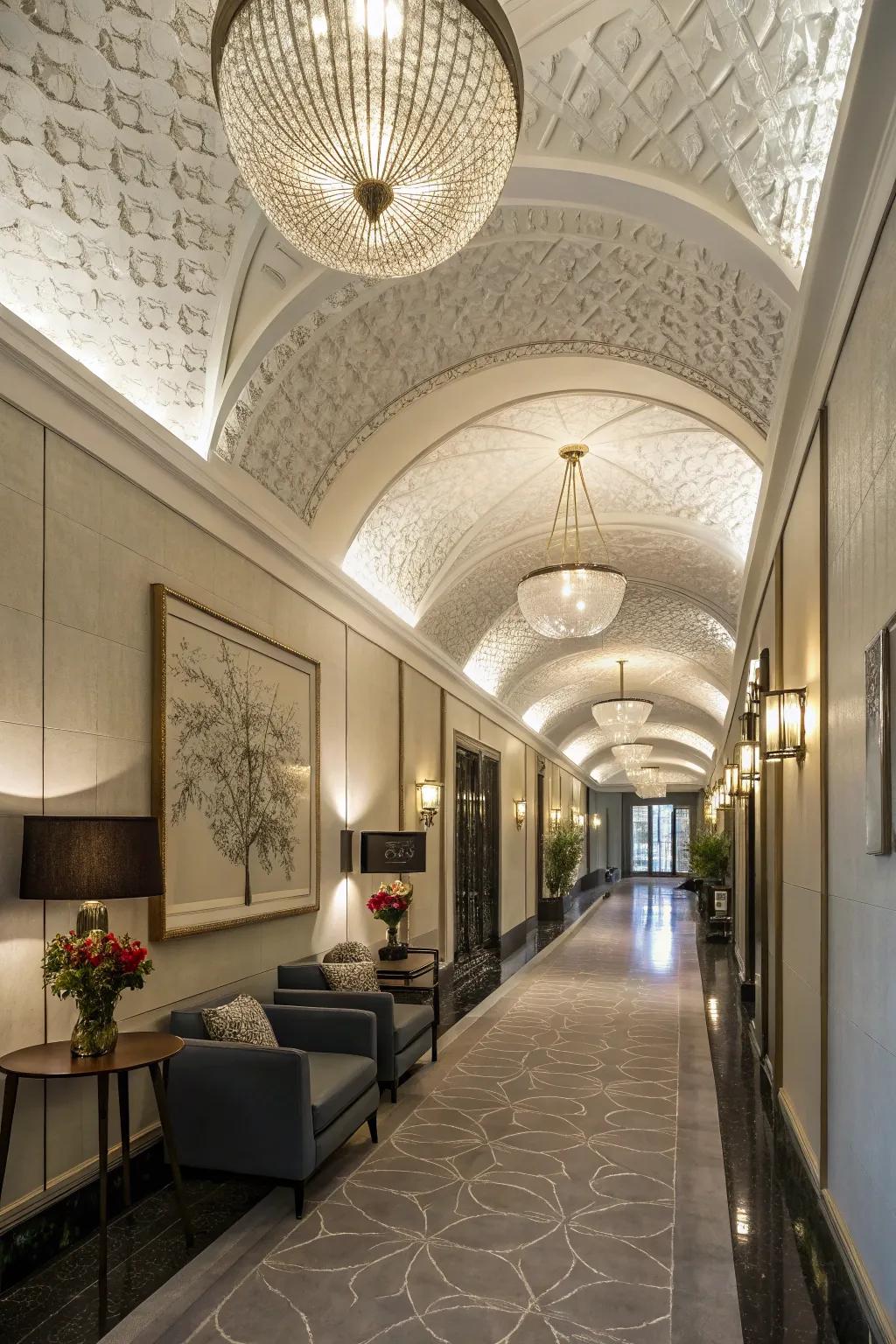 Textured ceiling designs add depth and a unique tactile element.