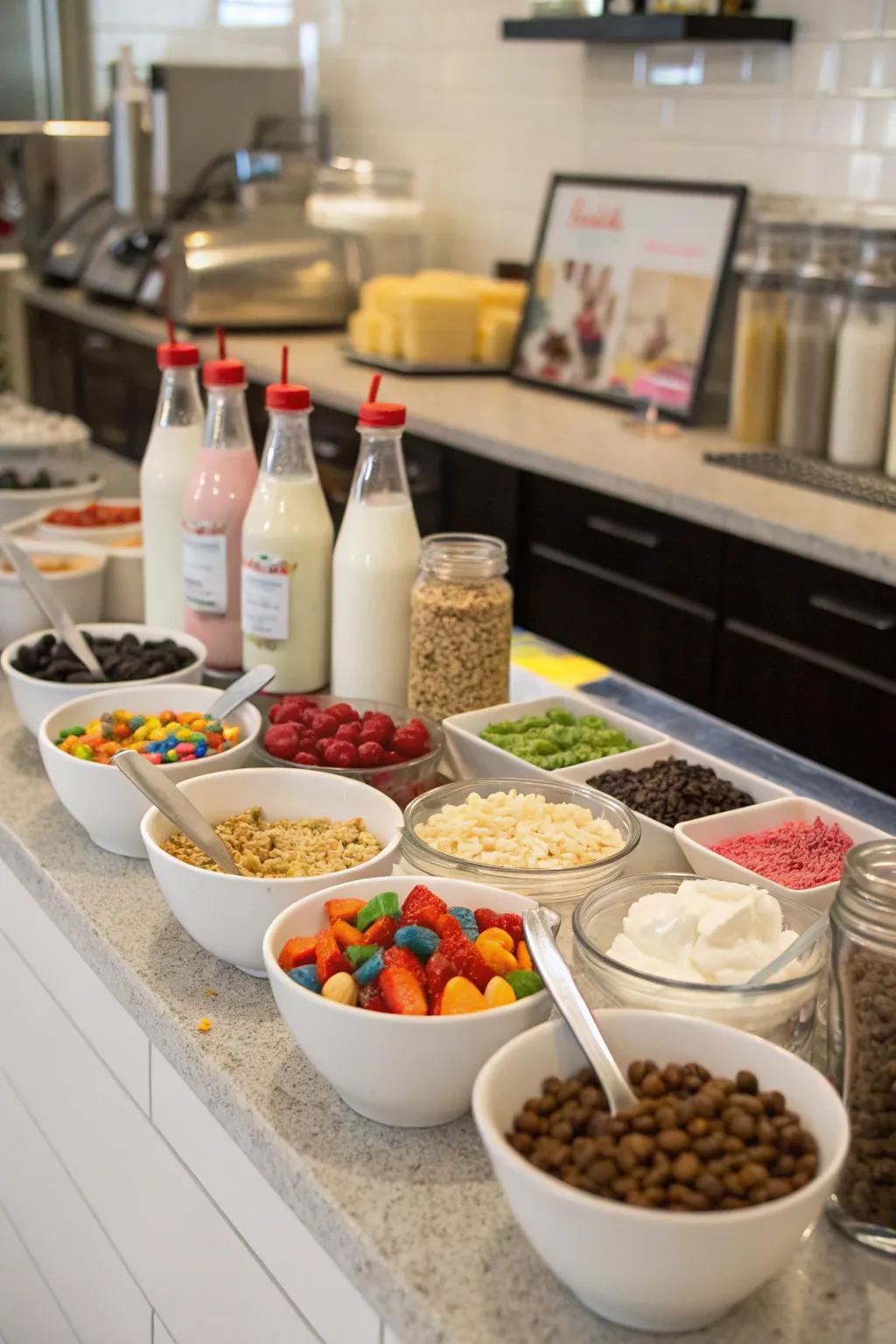 A bar with ingredients for cereal milkshakes and various toppings.