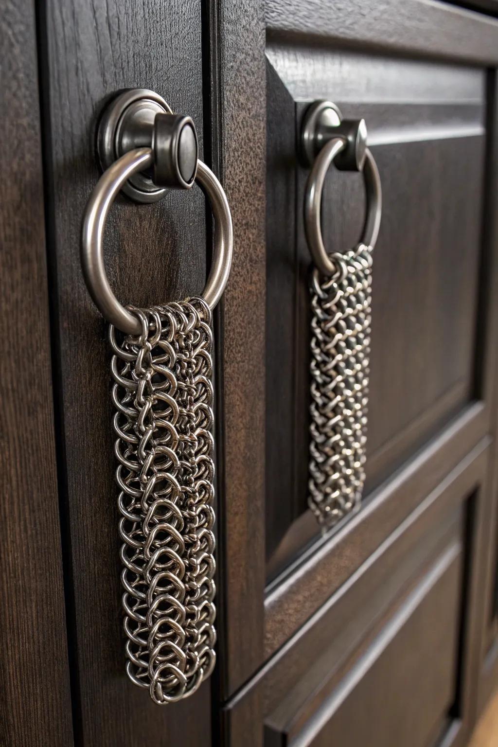 Upgrade your cabinetry with unique chainmail handles for a touch of craftsmanship.