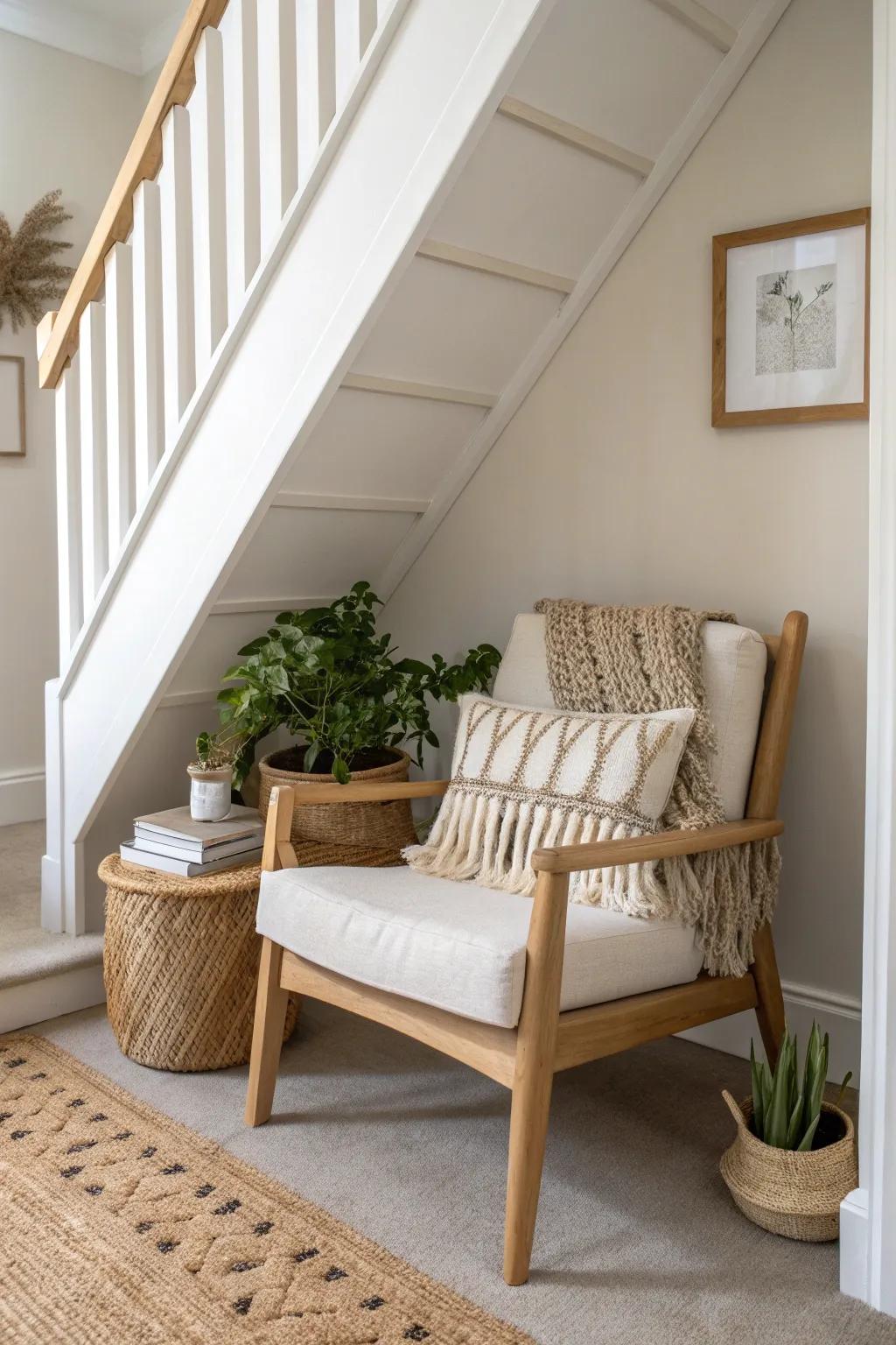 Discover hidden elegance with under-stair chair storage, where functionality meets minimalist beauty.
