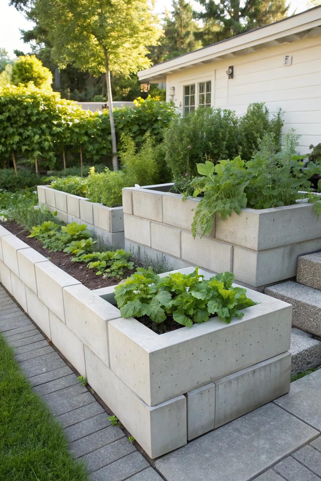 Craft your perfect garden oasis with chic concrete block beds—where minimalism meets natural beauty.