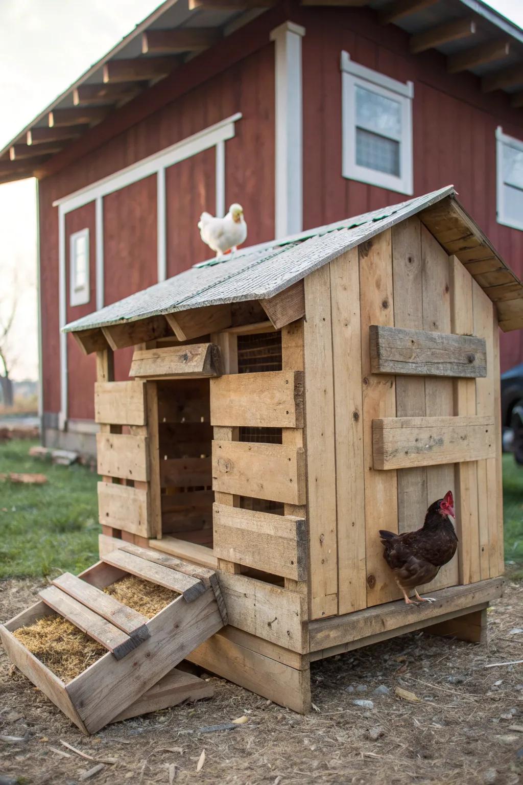 Sustainable Craftsmanship: Elevate your coop with reclaimed pallet roosts.