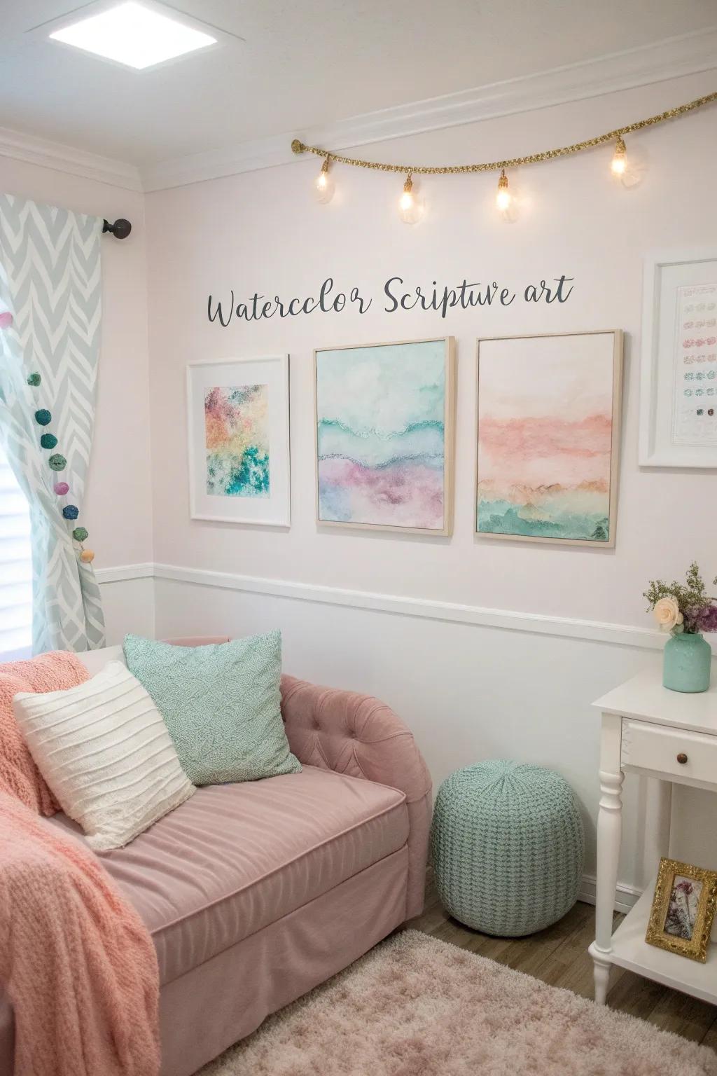 Watercolor art brings peace and softness to decor.