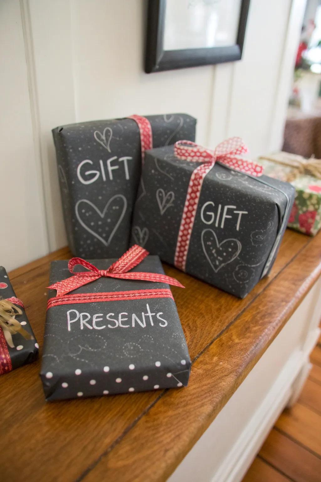 Gifts wrapped in chalkboard paper with unique messages.