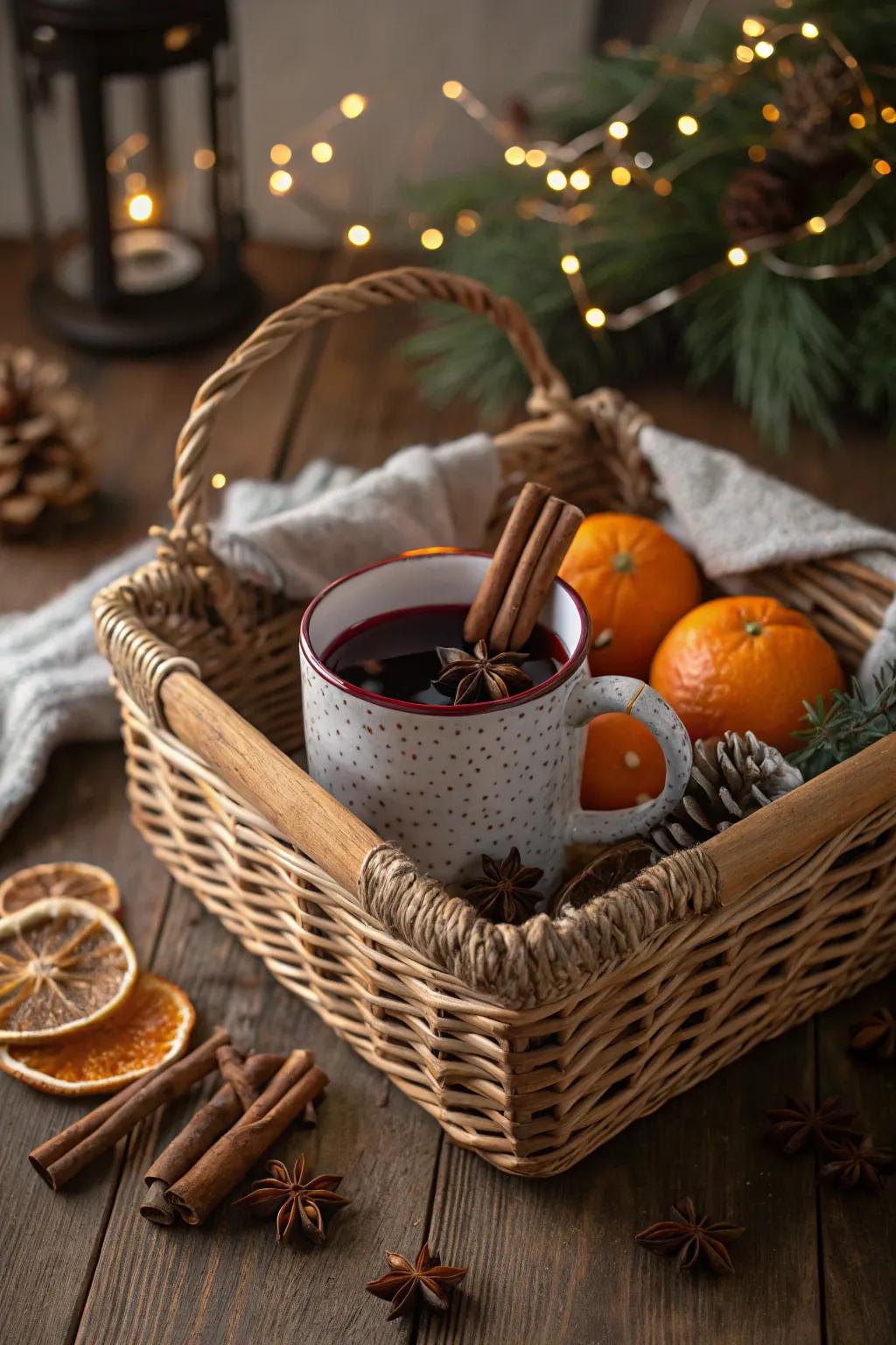 A mulled wine basket that offers warmth and comfort during the holidays.