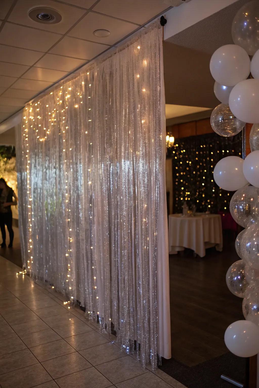 A stunning tinsel curtain sets the stage for festive gatherings.