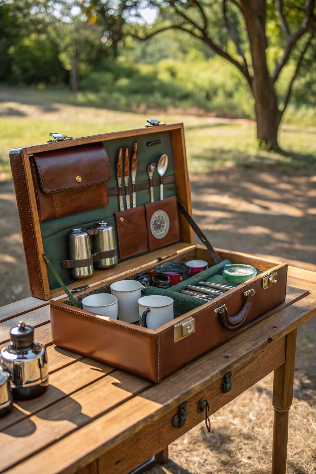 Elevate your campsite setup with a chic vintage suitcase chuck box, where classic style meets modern practicality.