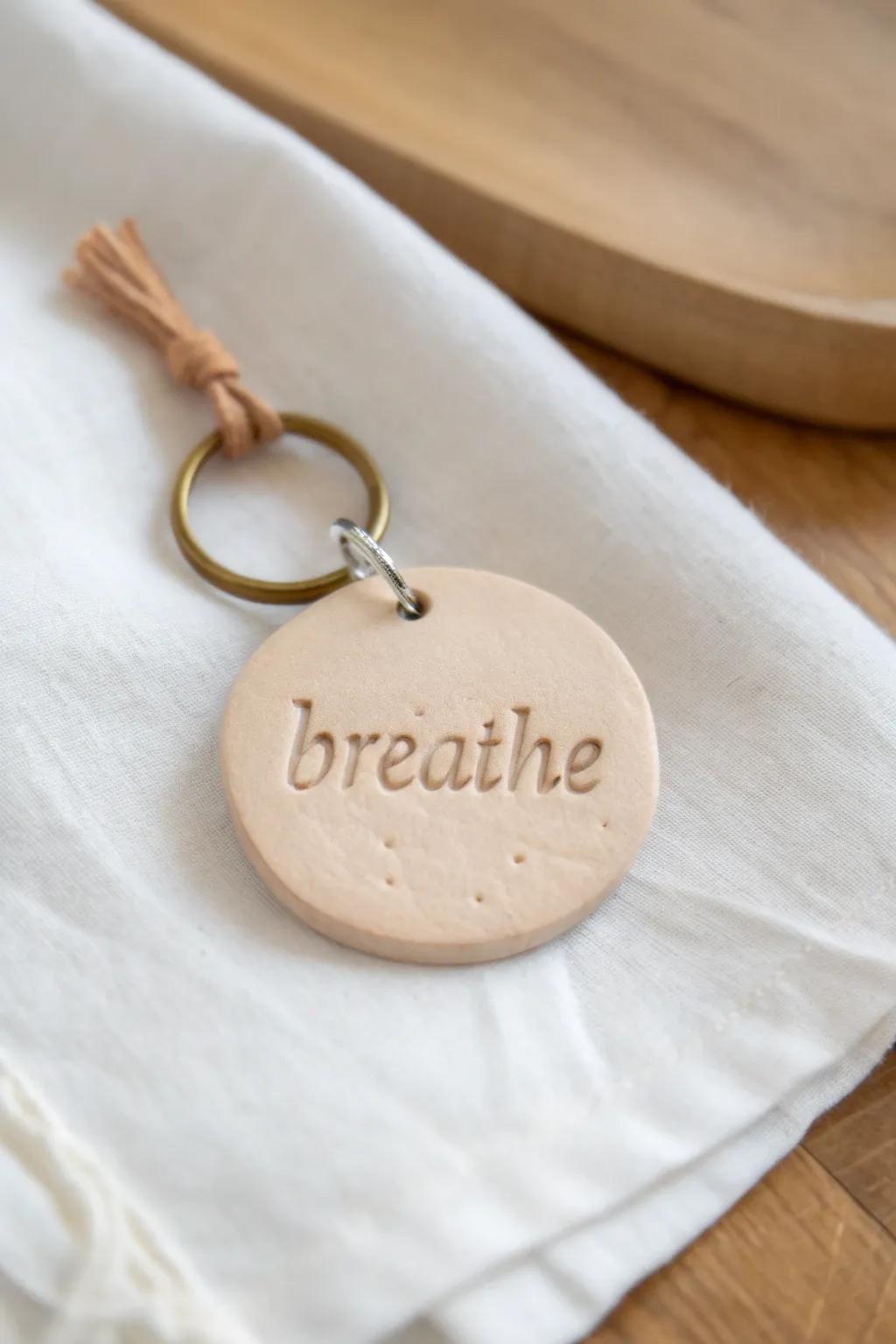 Carry a daily reminder of calm and clarity with this beautifully crafted clay keychain.